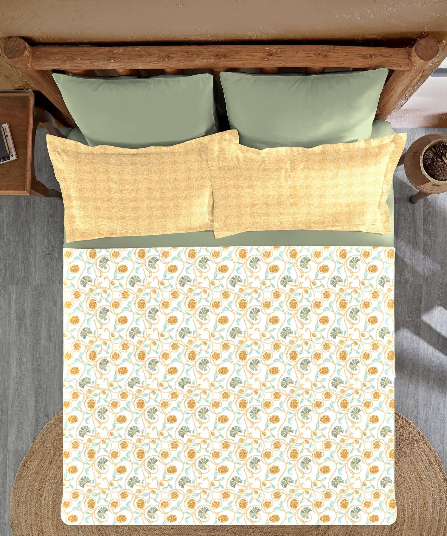 Sanskriti King Bedsheet Set, Block Print Mastard| 144TC Cotton|2 Pillow Covers