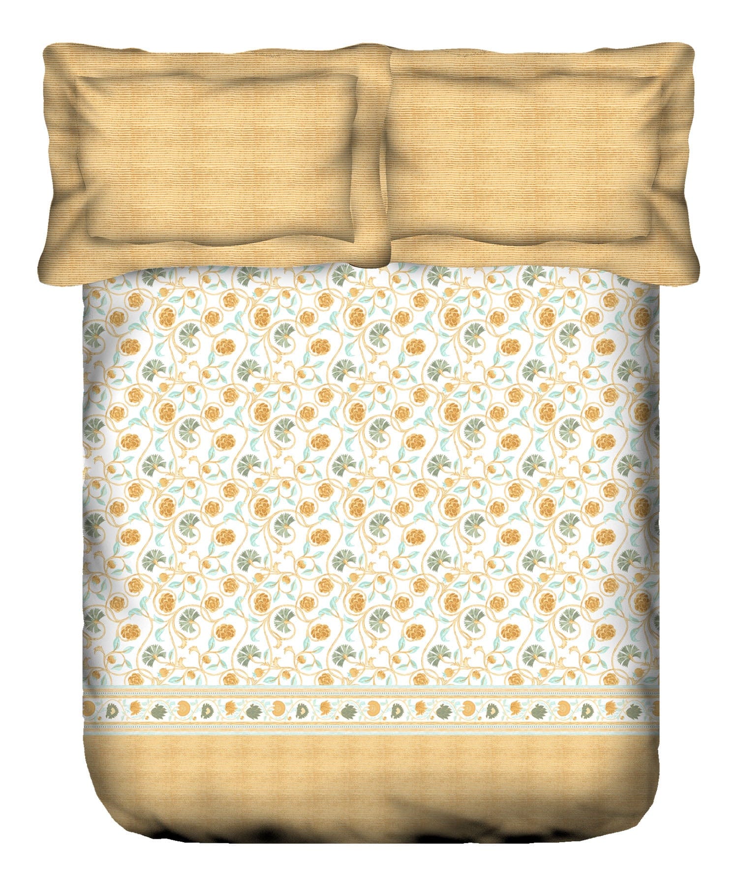 Sanskriti King Bedsheet Set, Block Print Mastard| 144TC Cotton|2 Pillow Covers