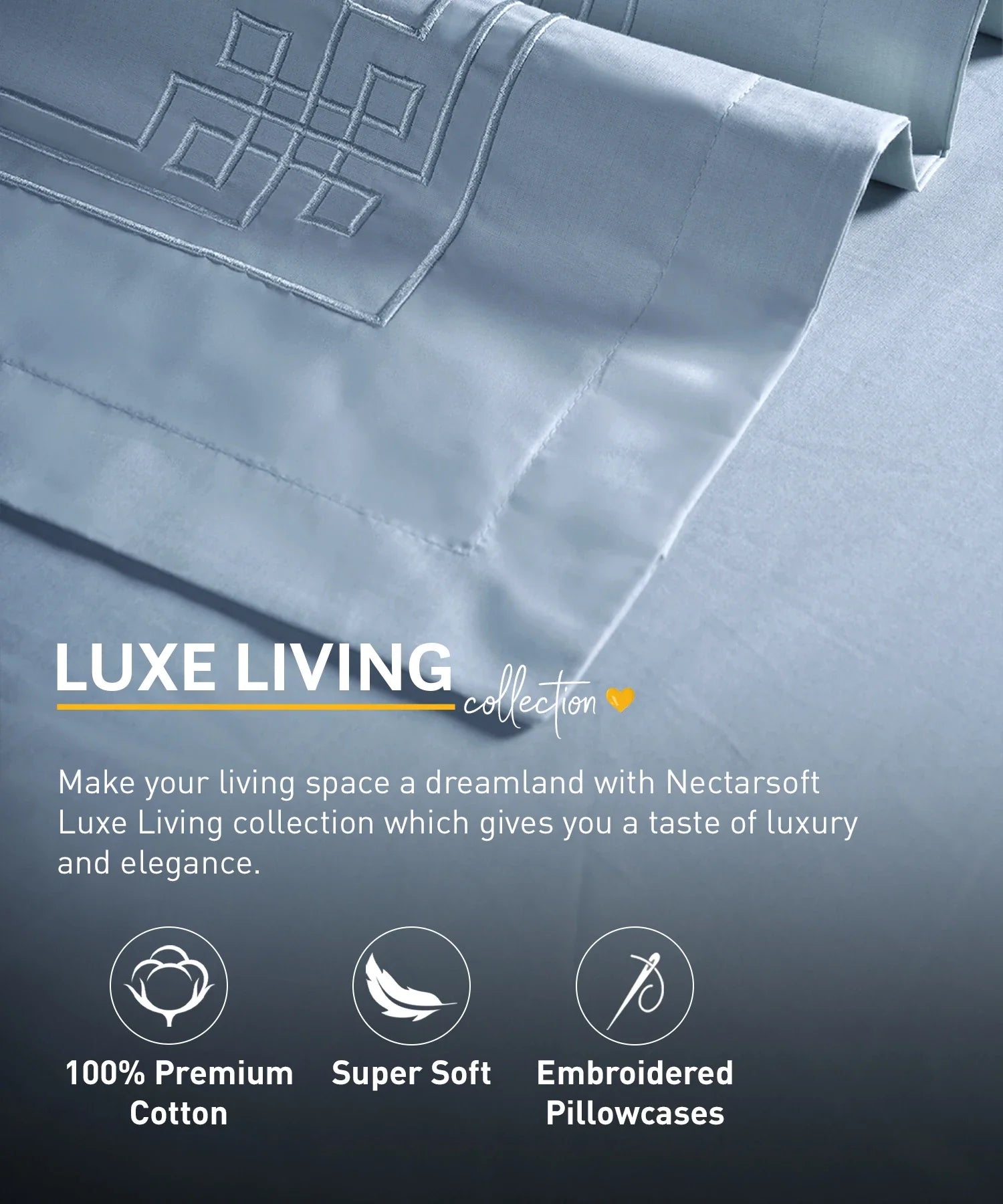 Nectarsoft Luxe Living Solid King Bedsheet Set, Windsor, Blue Shadow|300 TC Cotton| 4 Pillow Cover