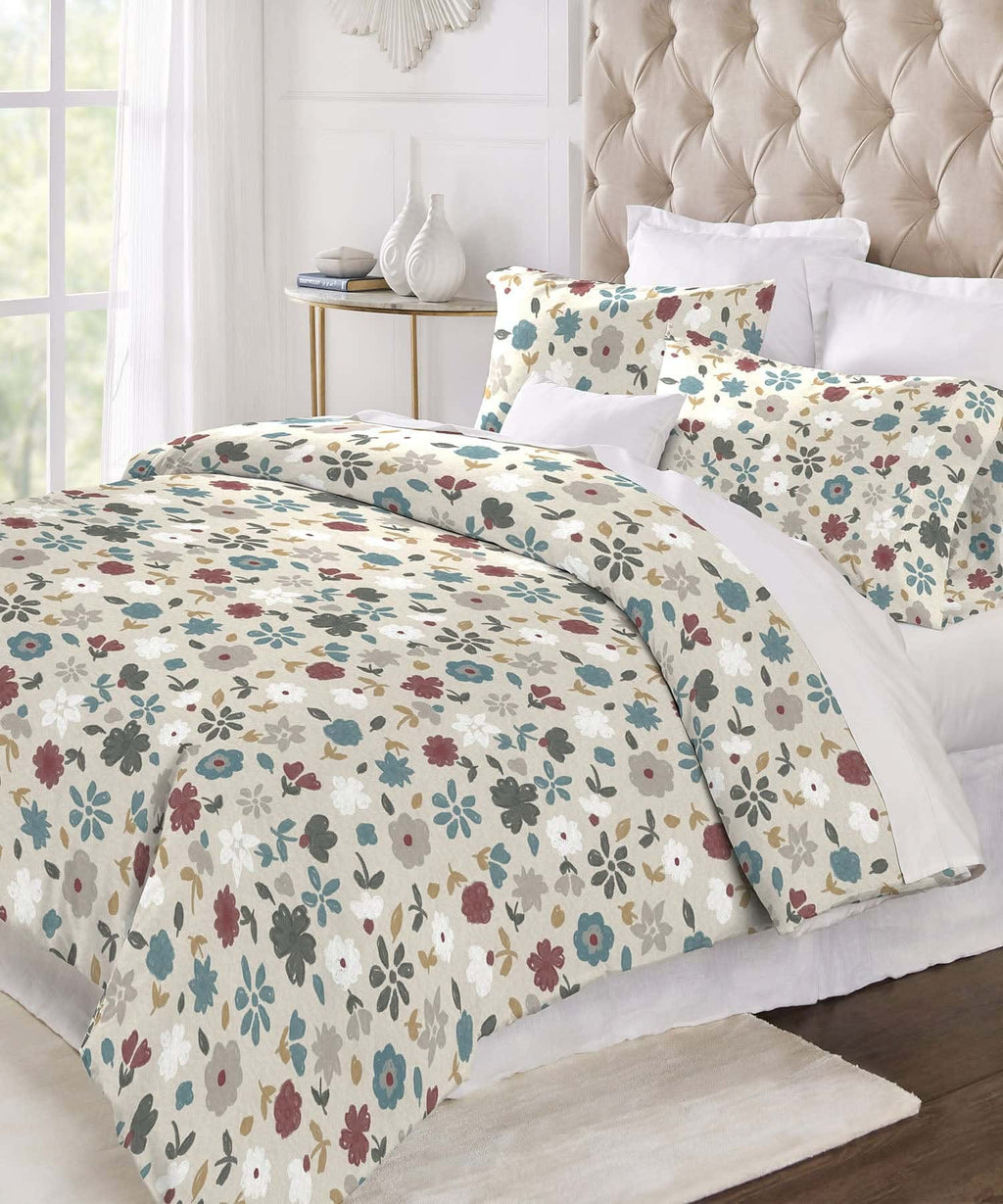 Home Essential Daphine Flannel King Bedsheet With 2 Pillow Cover, 144TC, 100% Micro Polyester, Printed, Beige