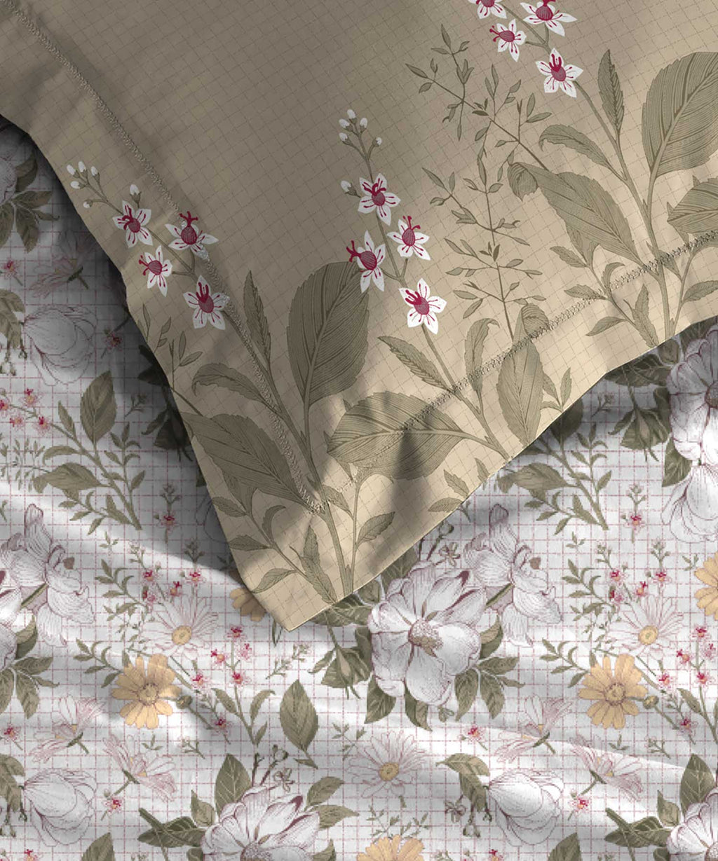 Soft Comfort King Bedsheet Set, Backyard| 210 TC Cotton|2 Pillow Covers