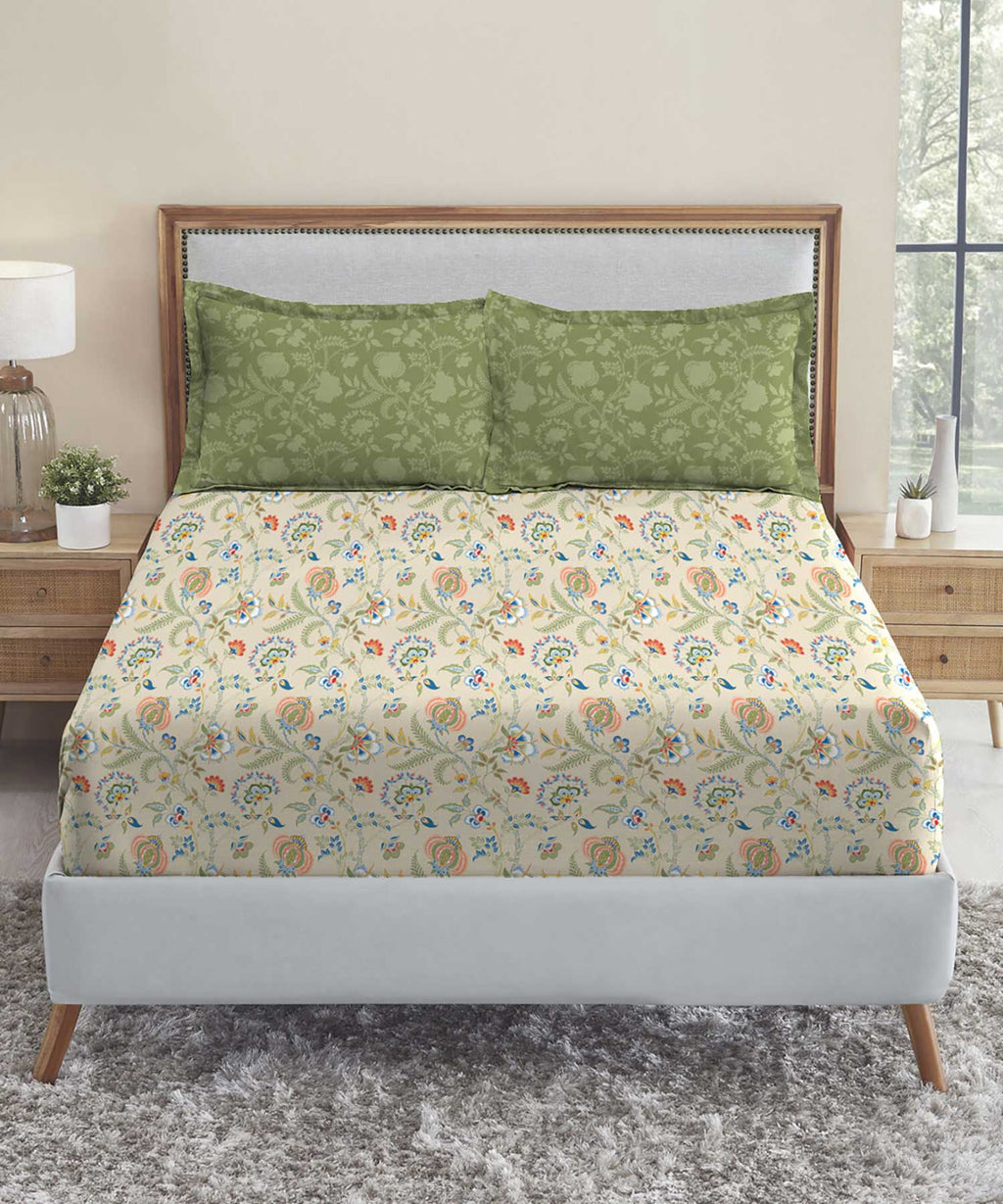 Soft Comfort King Bedsheet Set, English Chintz| 210 TC Cotton|2 Pillow Covers