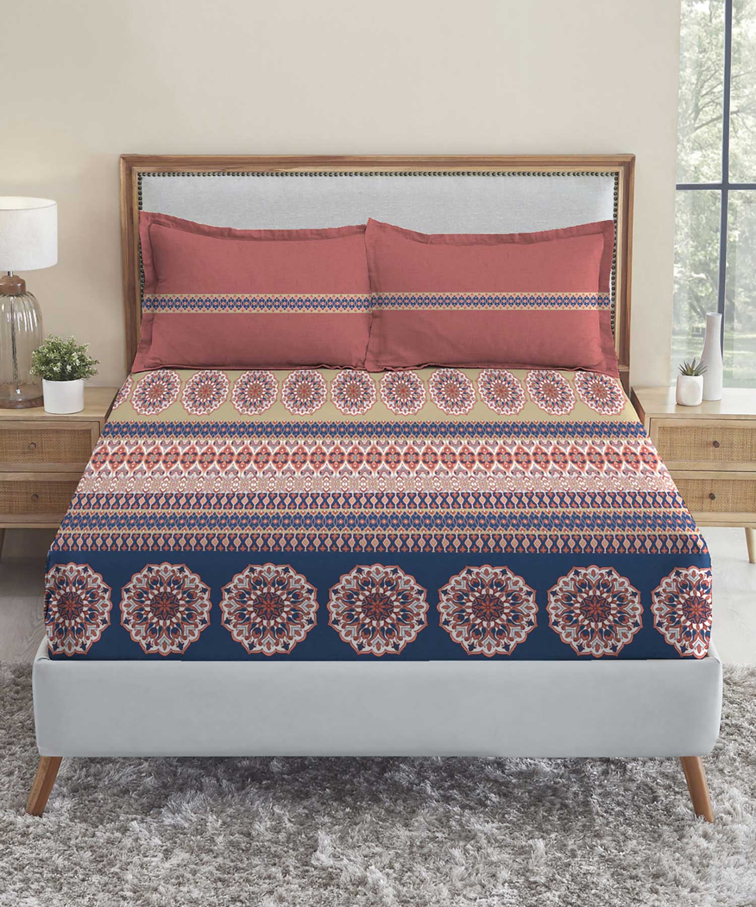 Soft Comfort King Bedsheet Set, Earthy Tale| 210 TC Cotton|2 Pillow Covers