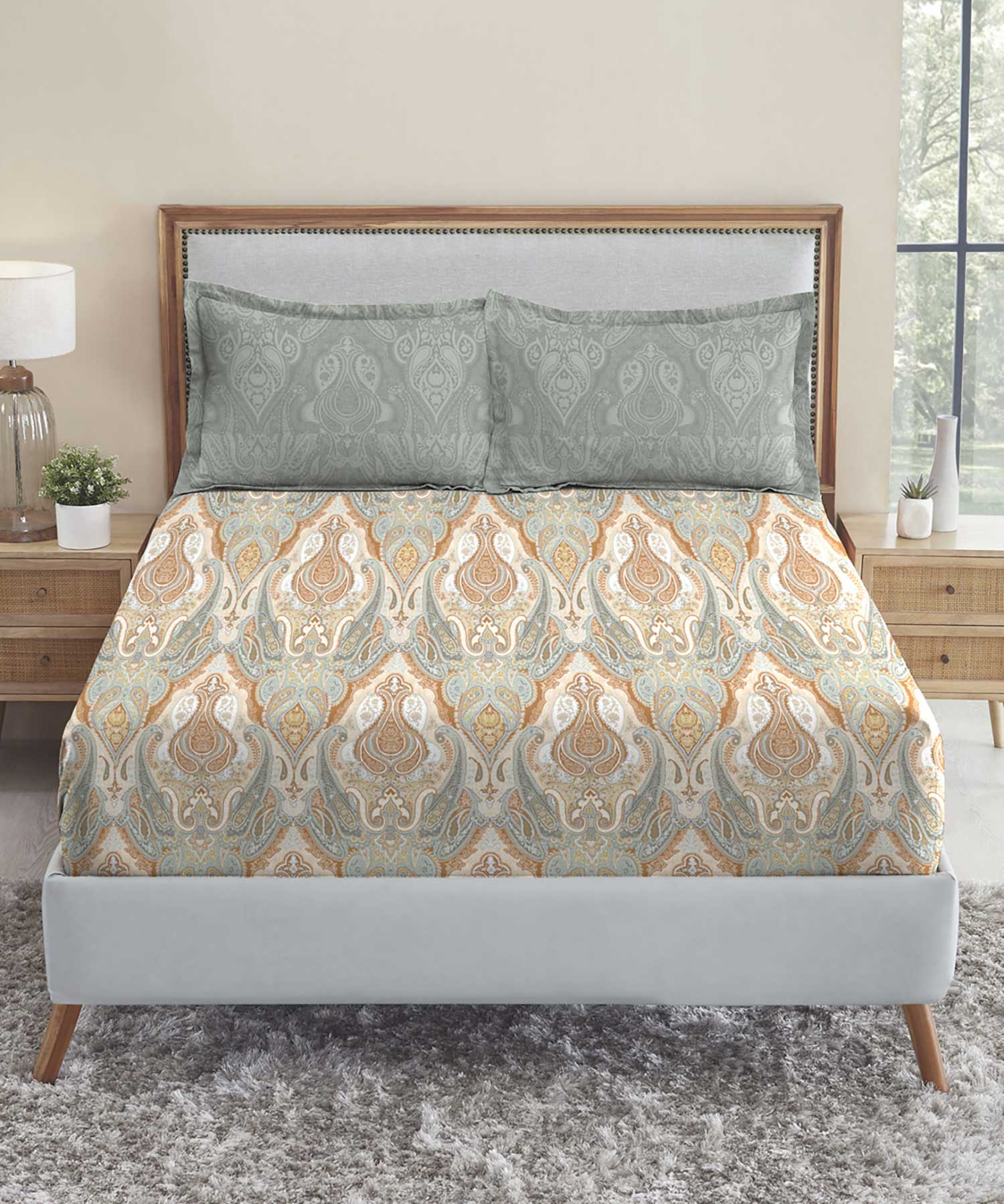 Soft Comfort King Fitted Bedsheet Set, Diana|210 TC Cotton|2 Pillow Covers