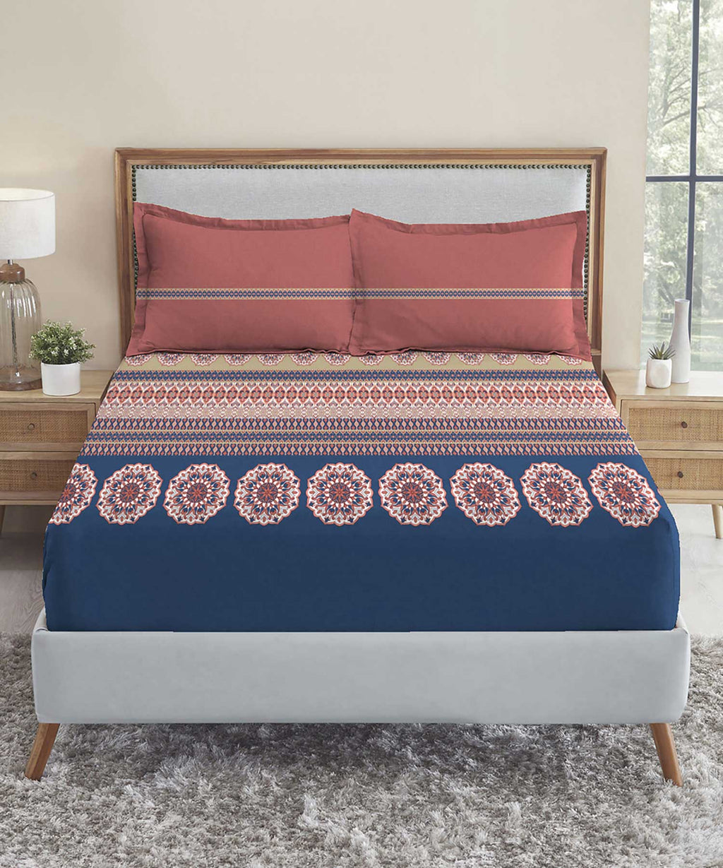 Soft Comfort King Fitted Bedsheet Set, Earthy Tale|210 TC Cotton|2 Pillow Covers