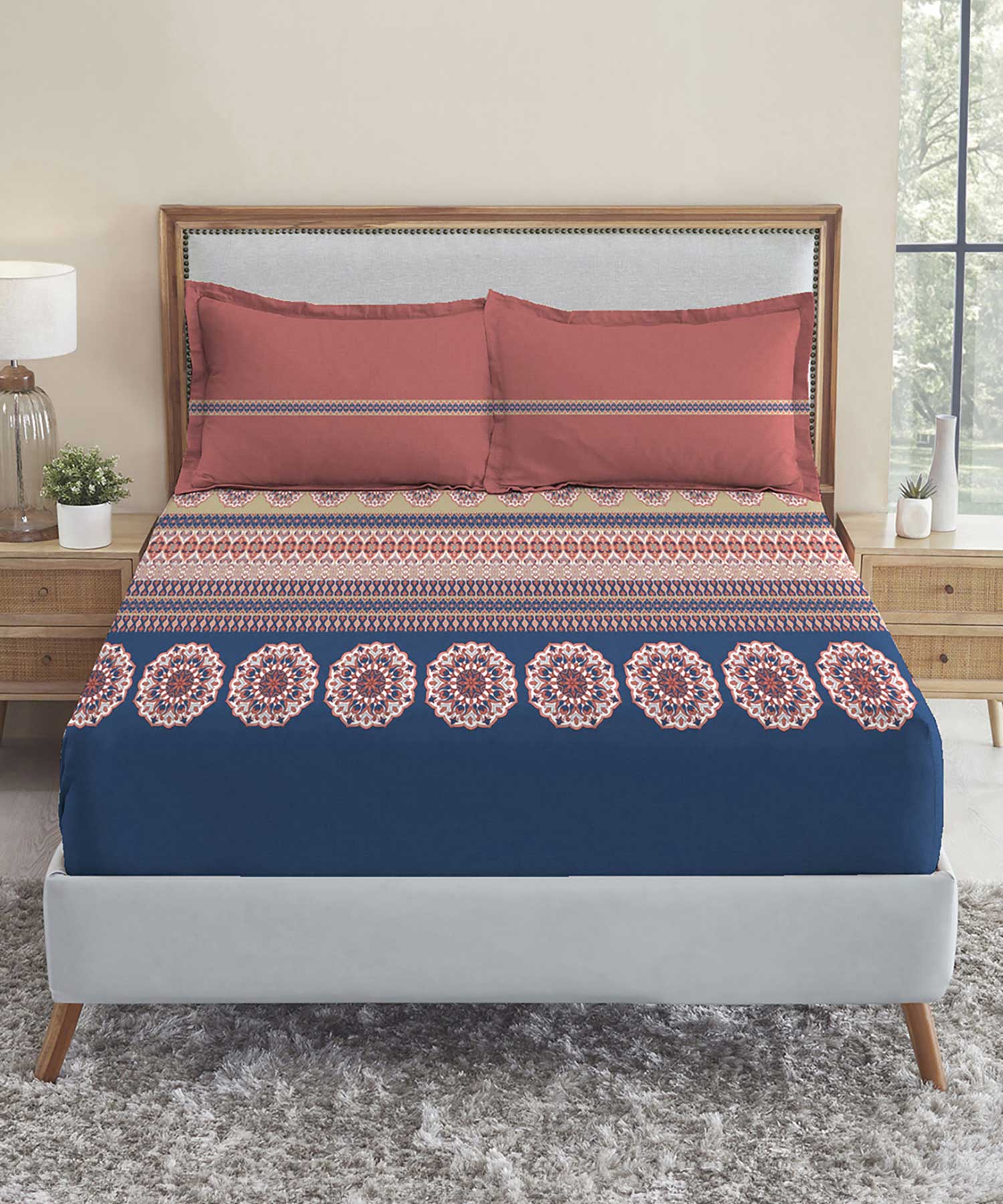 Soft Comfort King Fitted Bedsheet Set, Earthy Tale|210 TC Cotton|2 Pillow Covers