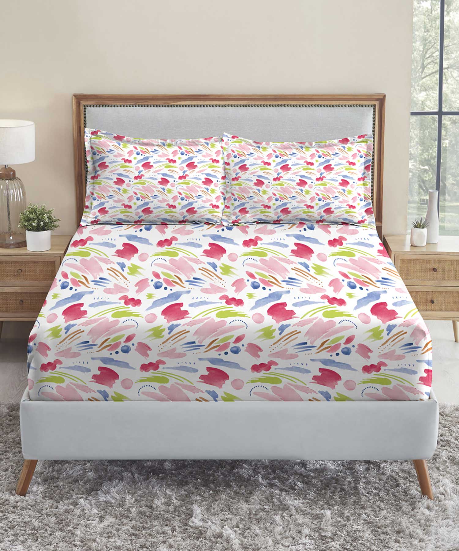 Soft Comfort King Fitted Bedsheet Set, Sweet Temptation|210 TC Cotton|2 Pillow Covers