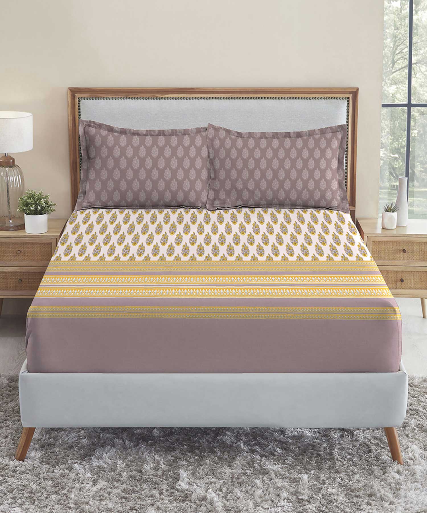 Soft Comfort King Fitted Bedsheet Set, Marigold|210 TC Cotton|2 Pillow Covers
