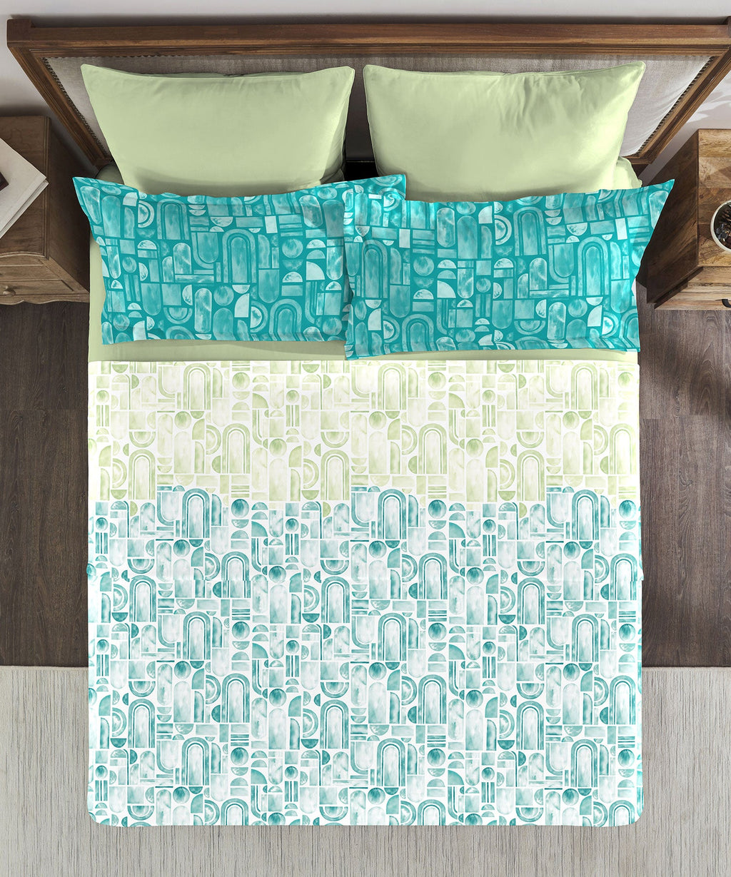 Classic King Bedsheet Set, Coraline Turquoise|200 TC Cotton| 2 Pillow Covers