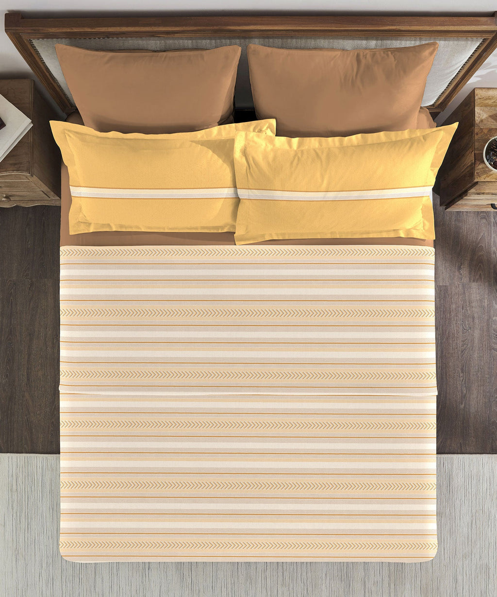 Classic King Bedsheet Set, Jane Ochre|200 TC Cotton| 2 Pillow Covers