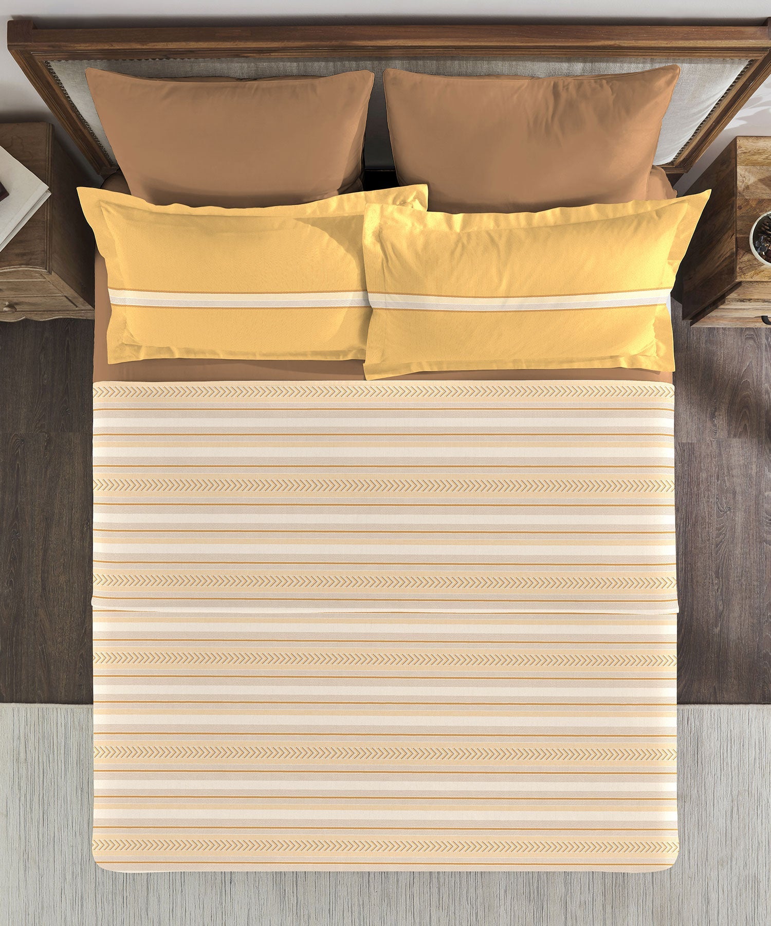 Classic King Bedsheet Set, Jane Ochre|200 TC Cotton| 2 Pillow Covers