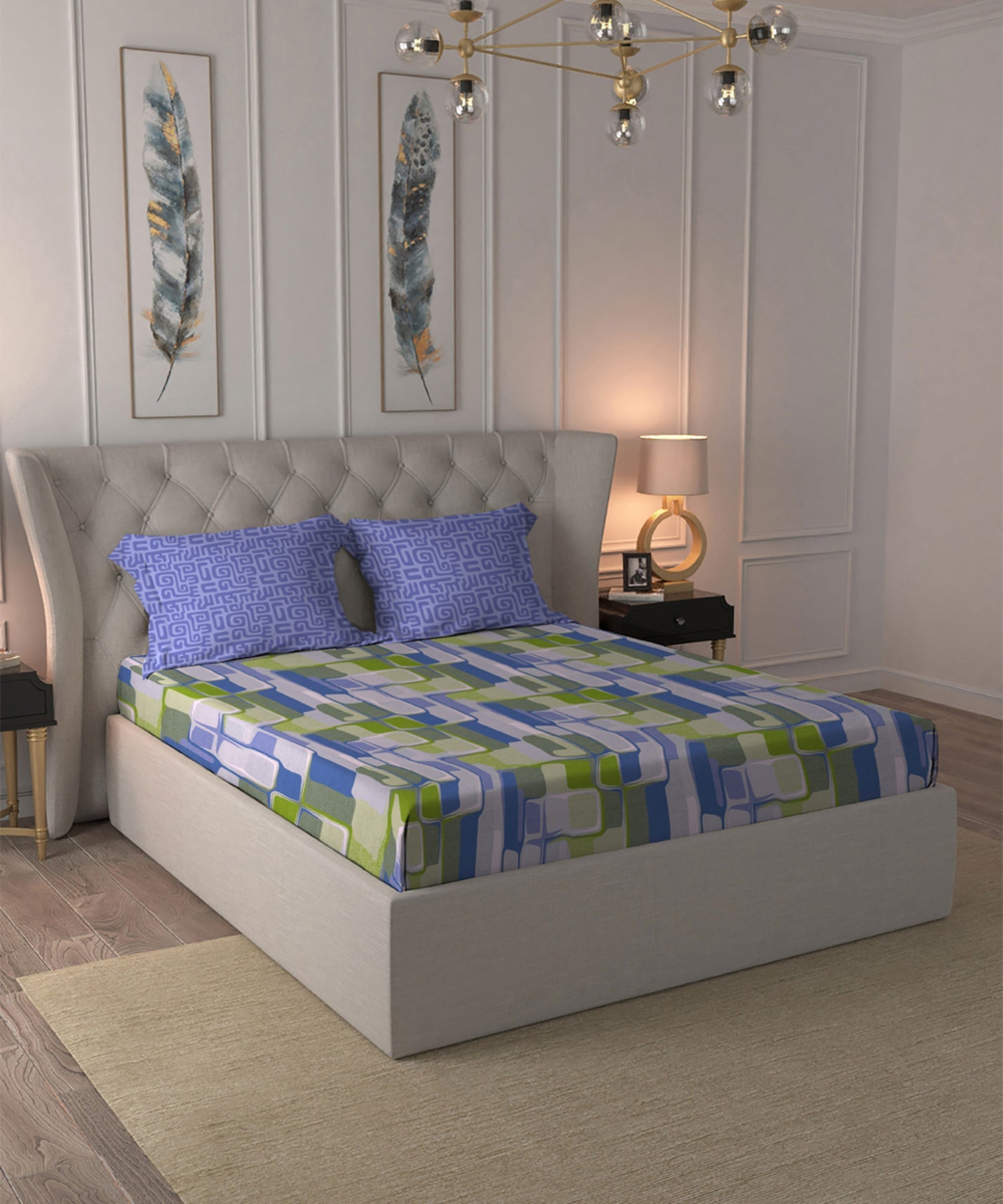 Dusk & Dawn Queen Bedsheet Set, Hopscotch Blue| 144 TC Cotton|2 Pillow Covers