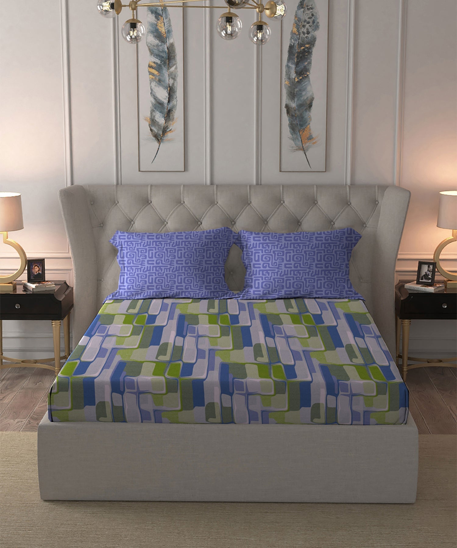 Dusk & Dawn Queen Bedsheet Set, Hopscotch Blue| 144 TC Cotton|2 Pillow Covers