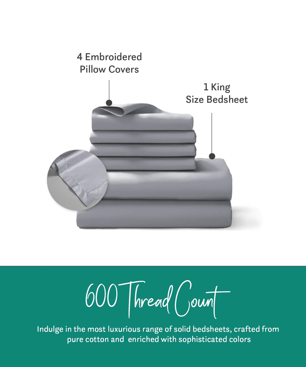 Nectarsoft King Solid Bedsheet Set, Light Grey| 600 TC Cotton| 4 Pillow Covers