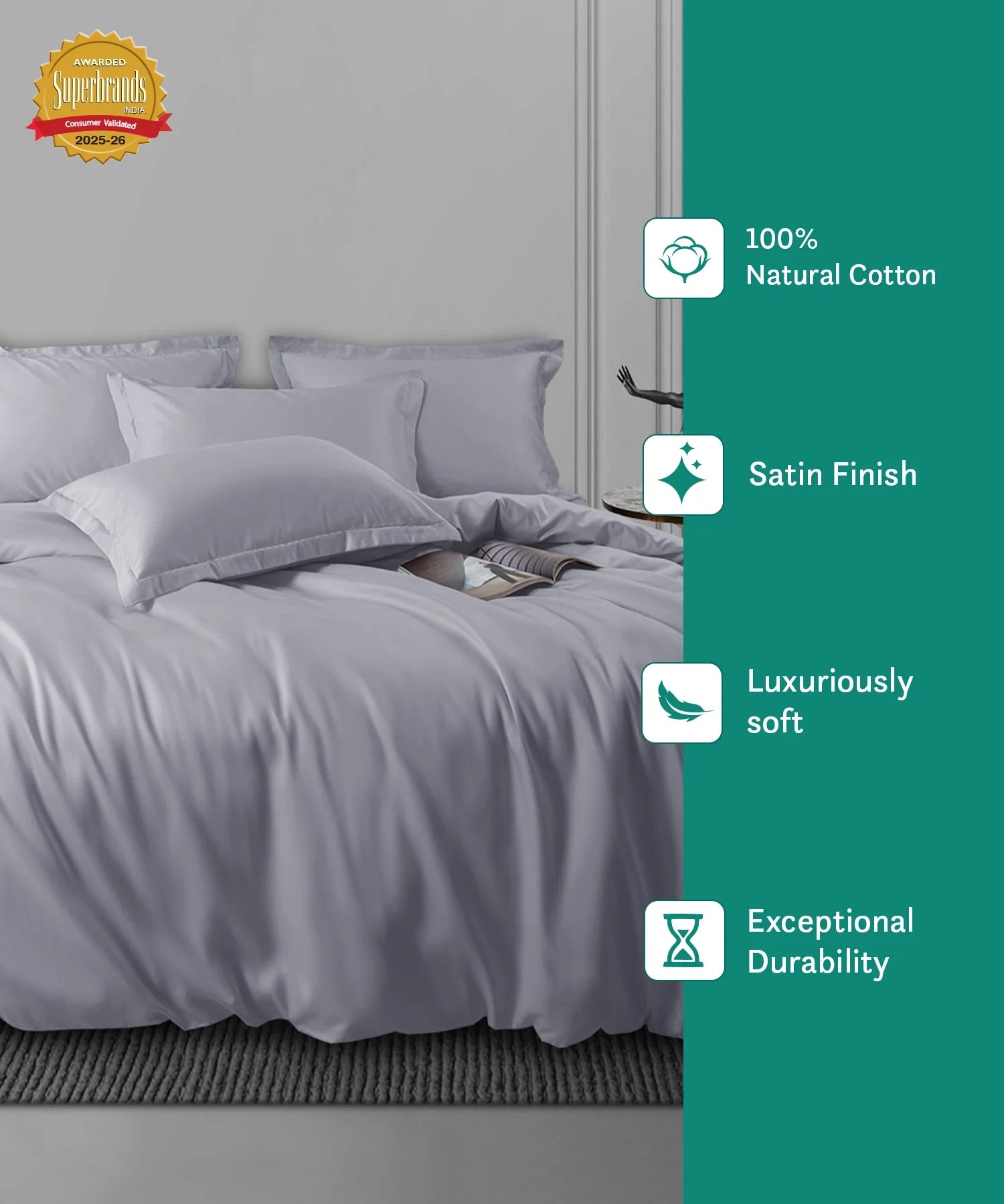 Nectarsoft King Solid Bedsheet Set, Light Grey| 600 TC Cotton| 4 Pillow Covers