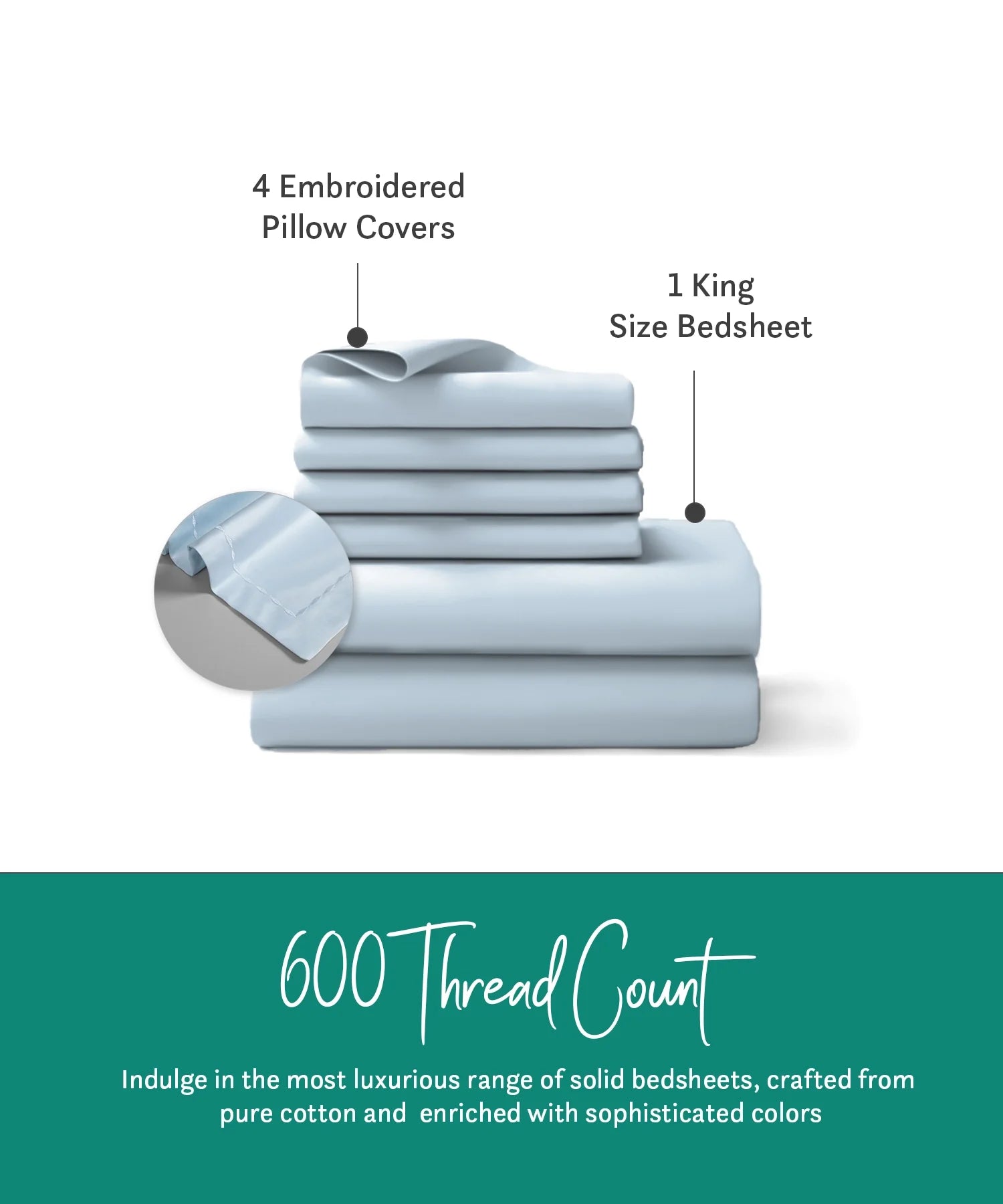 Nectarsoft King Solid Bedsheet Set, Light Blue| 600 TC Cotton| 4 Pillow Covers