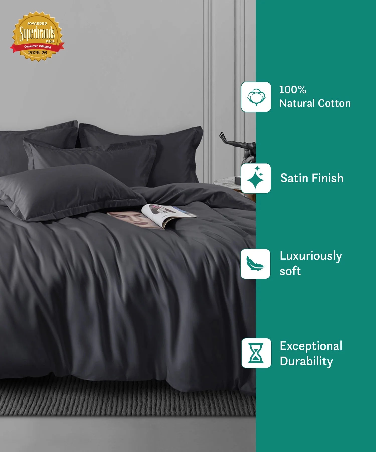 Nectarsoft King Solid Bedsheet Set, Dark Blue| 600 TC Cotton| 4 Pillow Covers