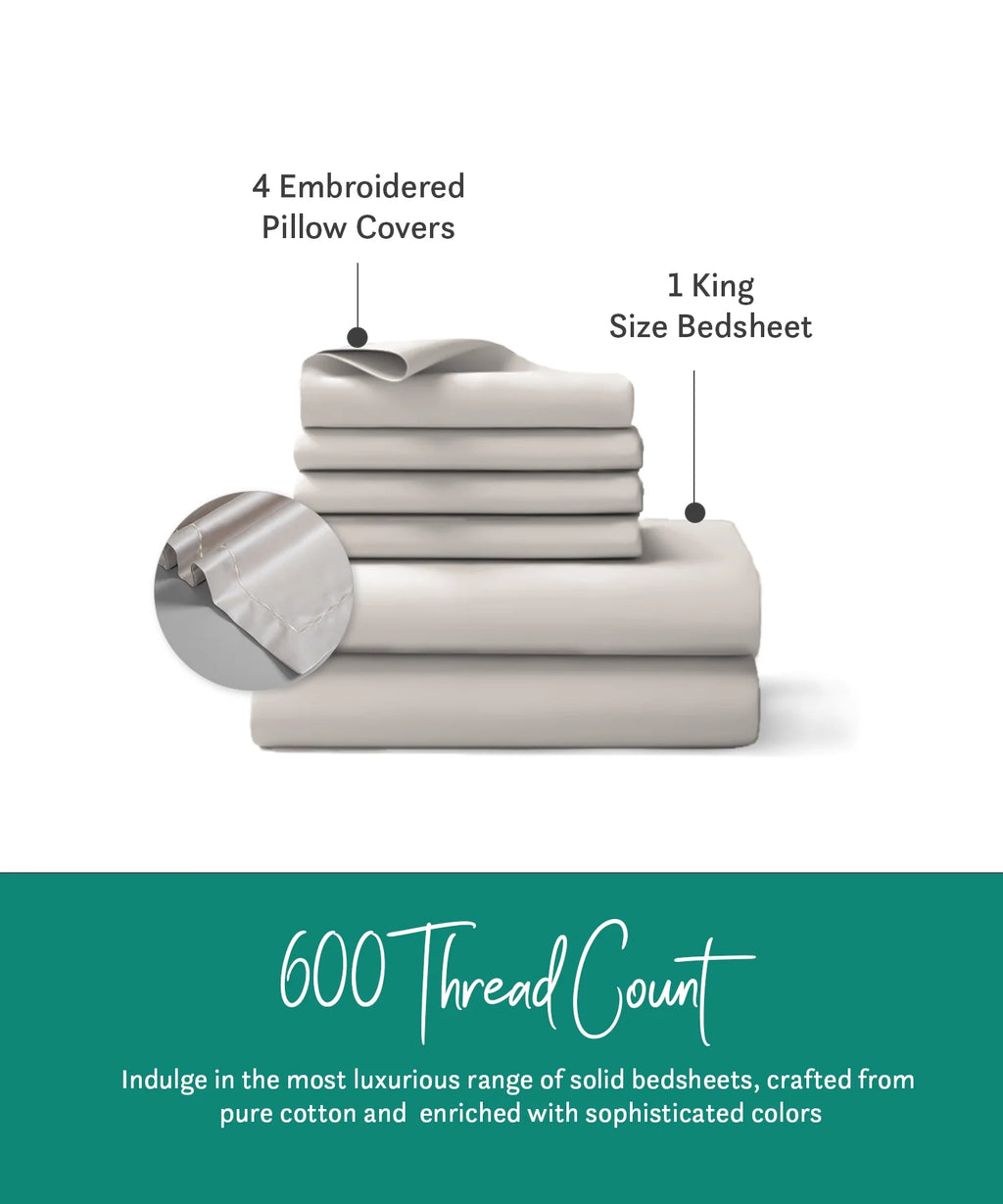 Nectarsoft King Solid Bedsheet Set, Ivory| 600 TC Cotton| 4 Pillow Covers