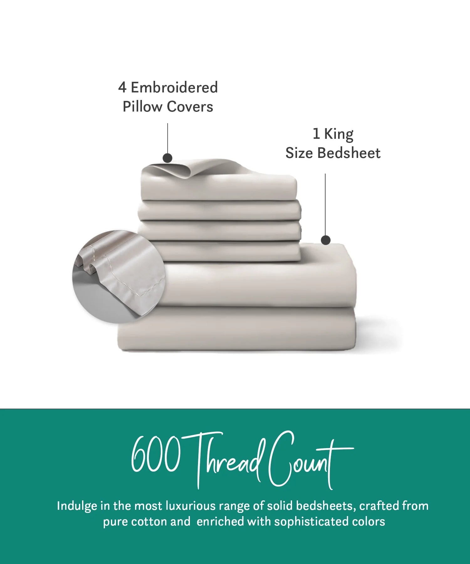 Nectarsoft King Solid Bedsheet Set, Ivory| 600 TC Cotton| 4 Pillow Covers