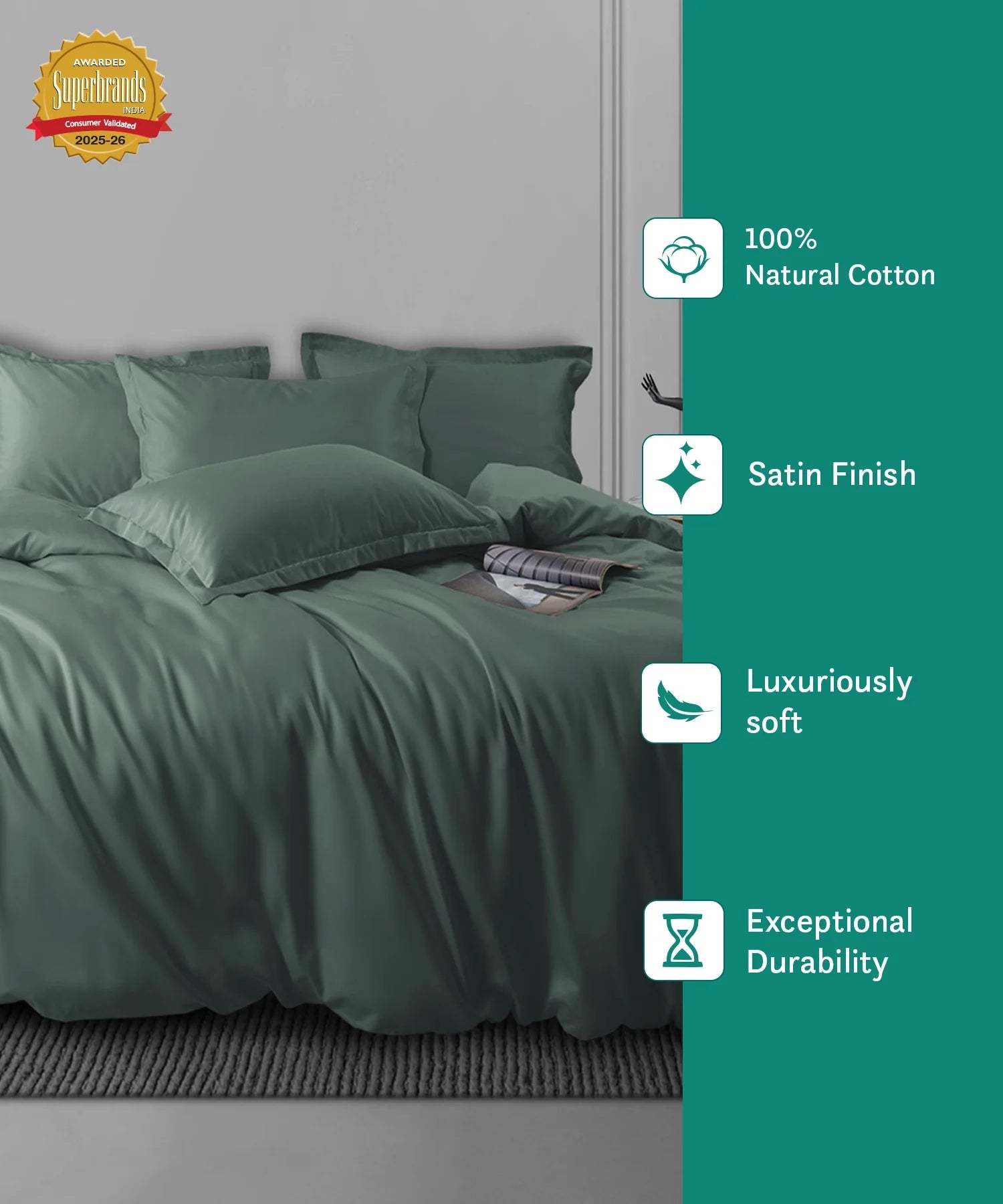 Nectarsoft King Solid Bedsheet Set, Green| 600 TC Cotton| 4 Pillow Covers