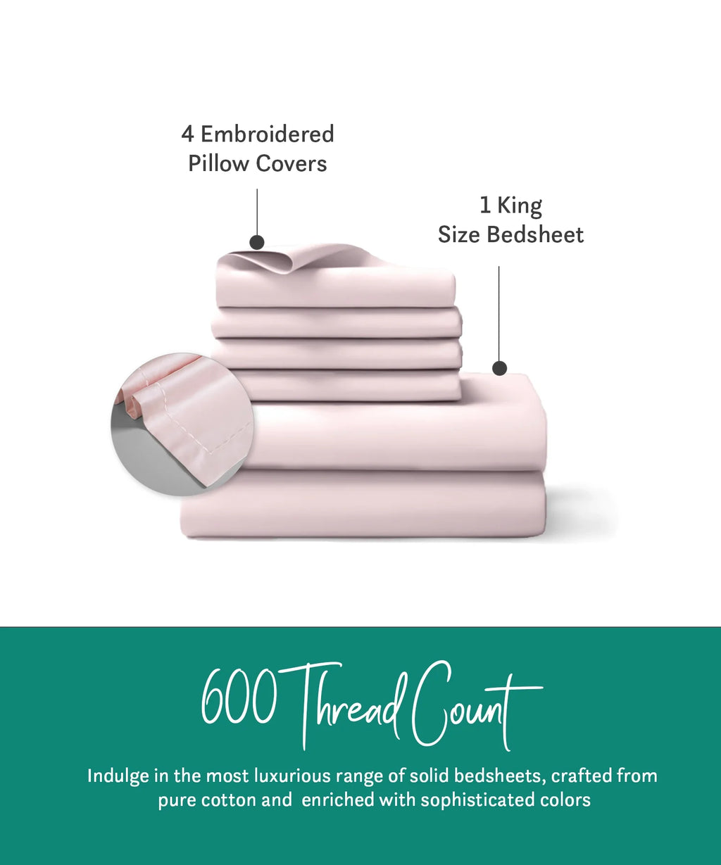 Nectarsoft King Solid Bedsheet Set, Pink| 600 TC Cotton| 4 Pillow Covers