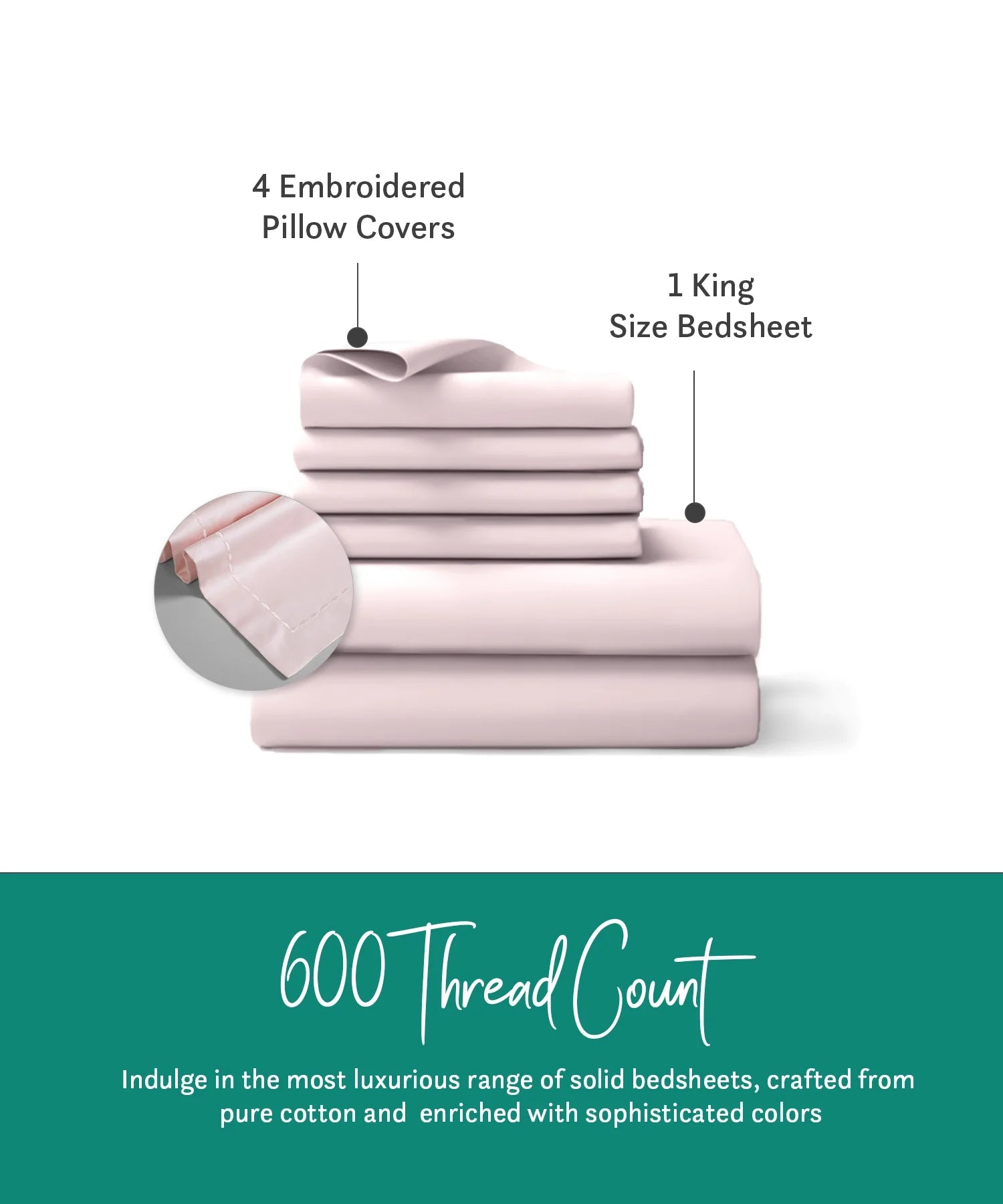Nectarsoft King Solid Bedsheet Set, Pink| 600 TC Cotton| 4 Pillow Covers