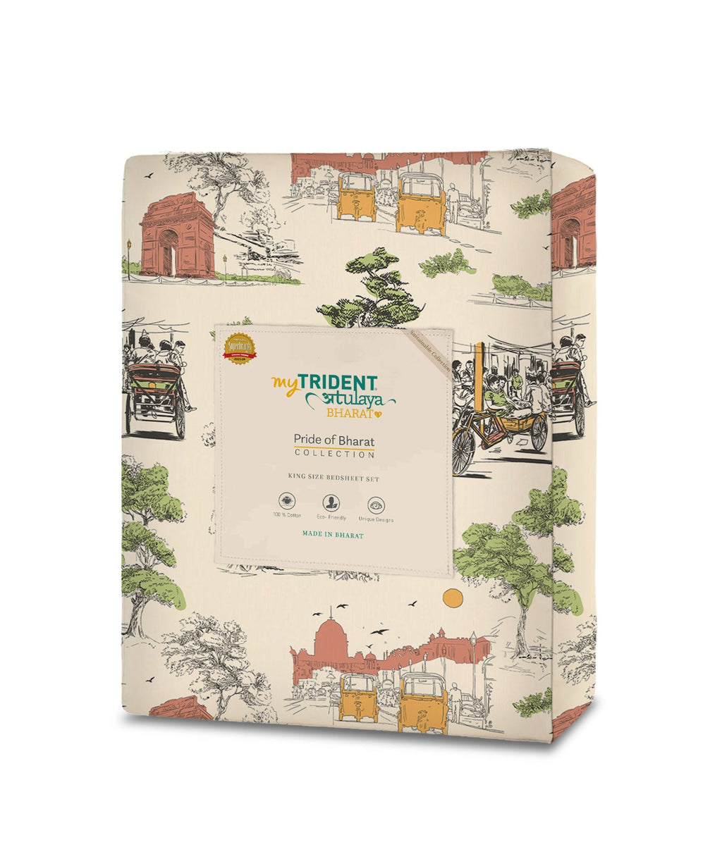 Atulaya Bharat King Bedsheet Set, Dilwalo Ki Dilli|144 TC Cotton|2 Pillow Covers