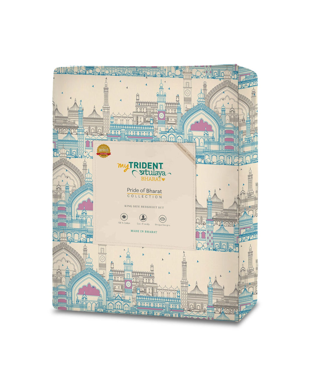 Atulaya Bharat King Bedsheet Set, Muskuraiye Aap Lucknow|144 TC Cotton|2 Pillow Covers