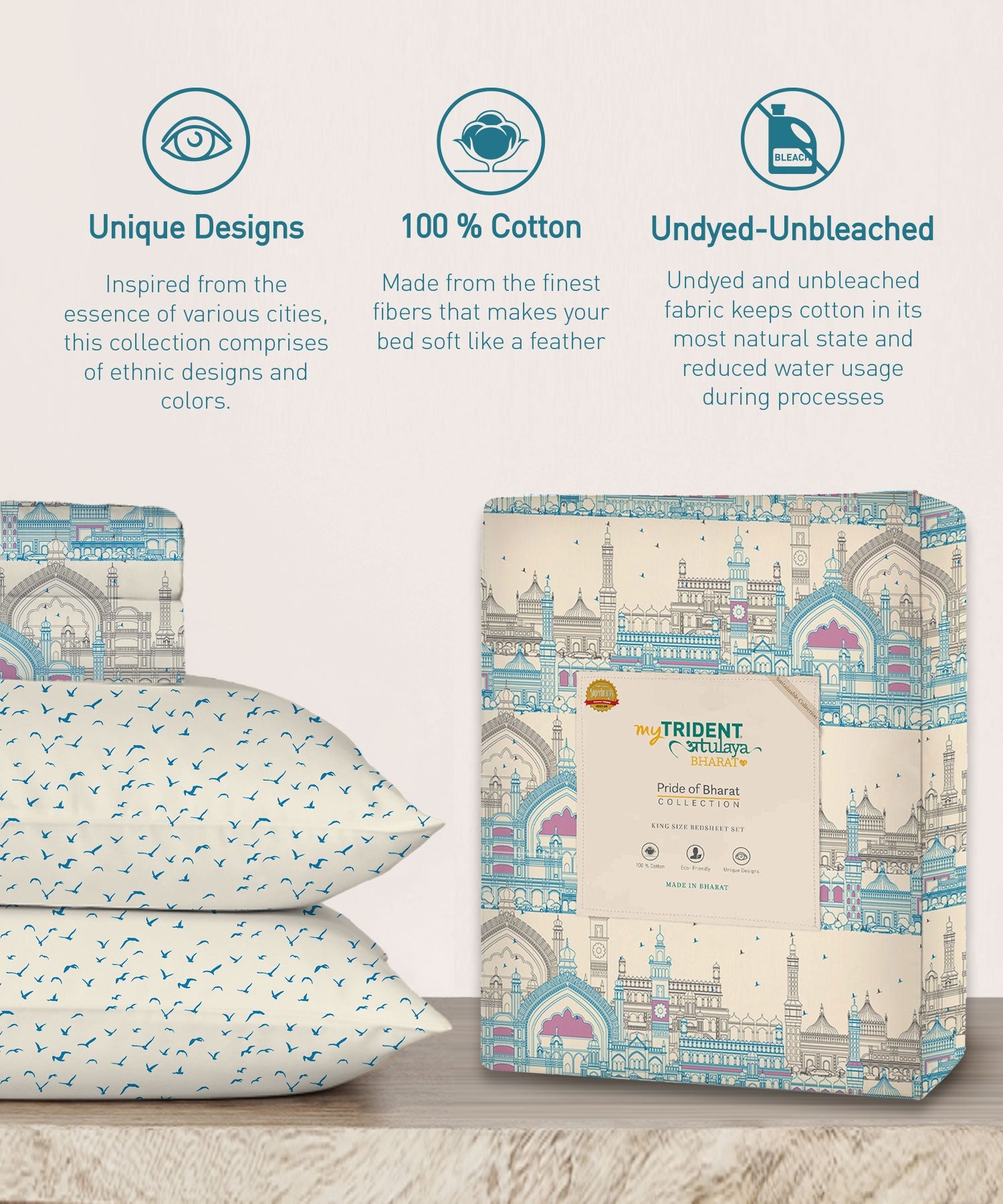 Atulaya Bharat King Bedsheet Set, Muskuraiye Aap Lucknow|144 TC Cotton|2 Pillow Covers