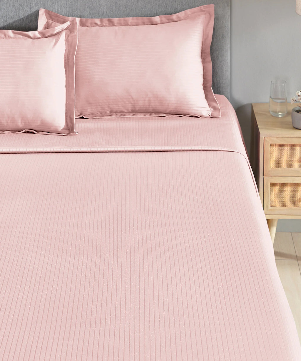 Classic Stripe Solid King Bedsheet Set, Pale Mauve|210 TC Cotton| 2 Pillow Covers