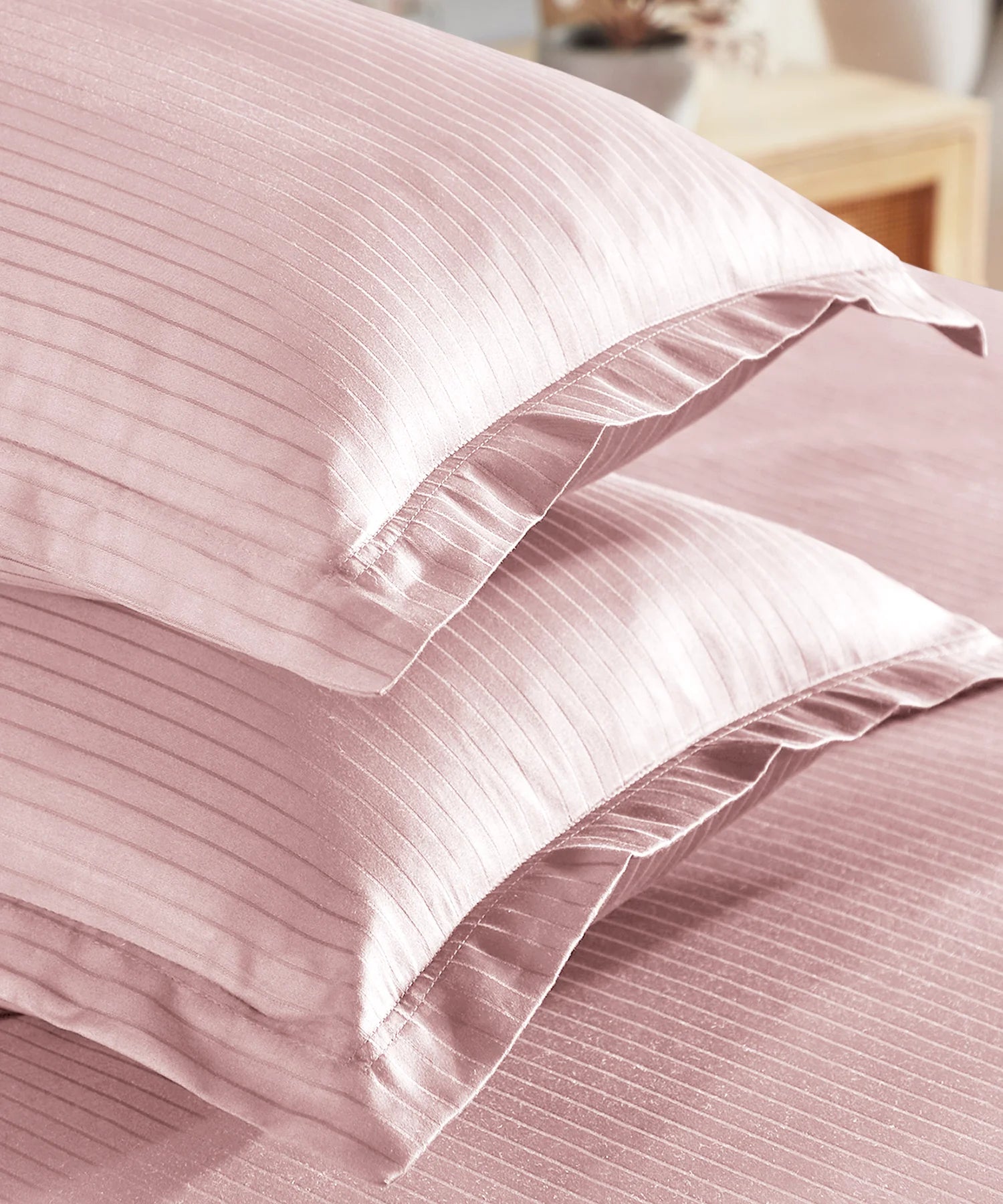 Classic Stripe Solid King Bedsheet Set, Pale Mauve|210 TC Cotton| 2 Pillow Covers