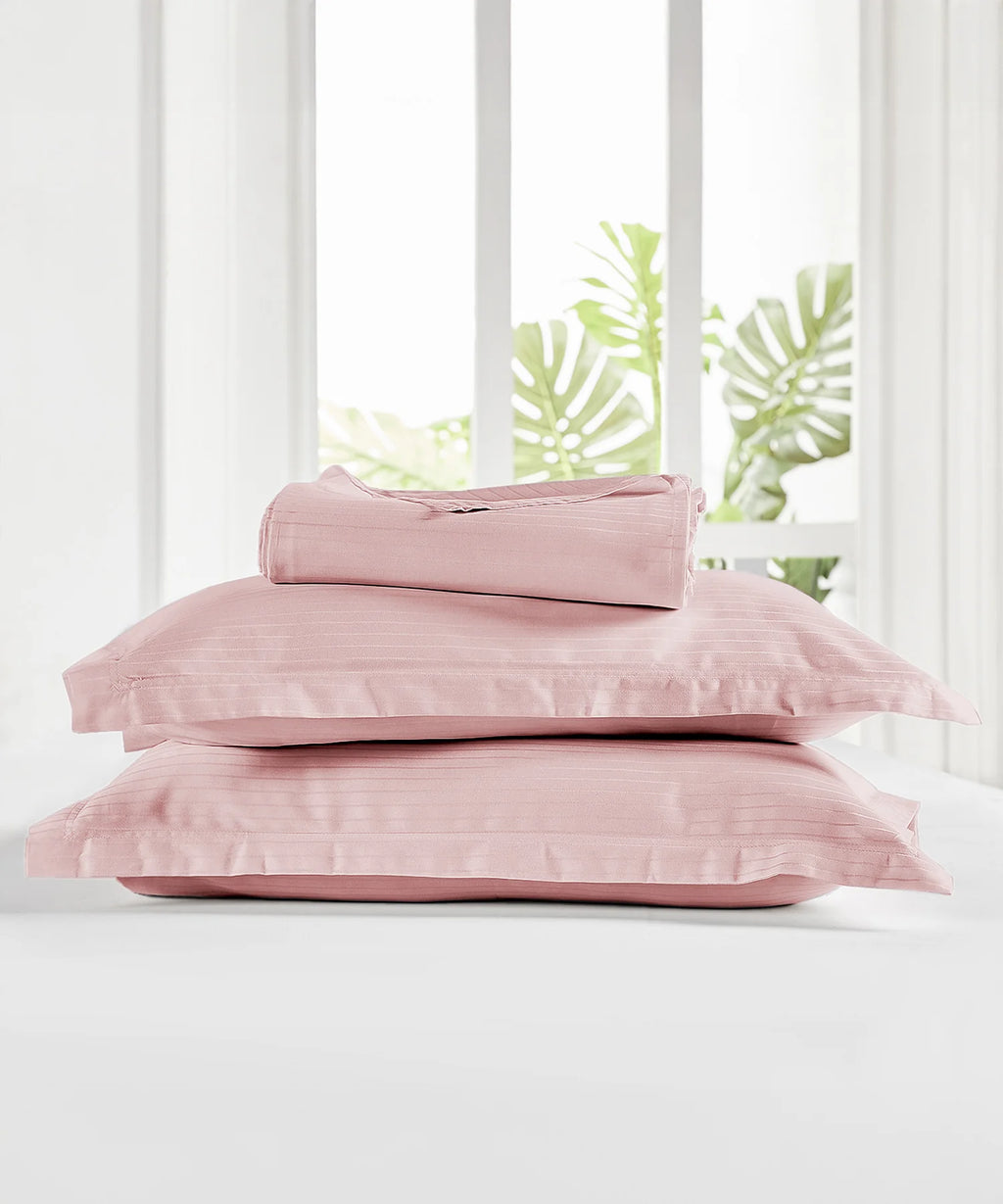 Classic Stripe Solid King Bedsheet Set, Pale Mauve|210 TC Cotton| 2 Pillow Covers