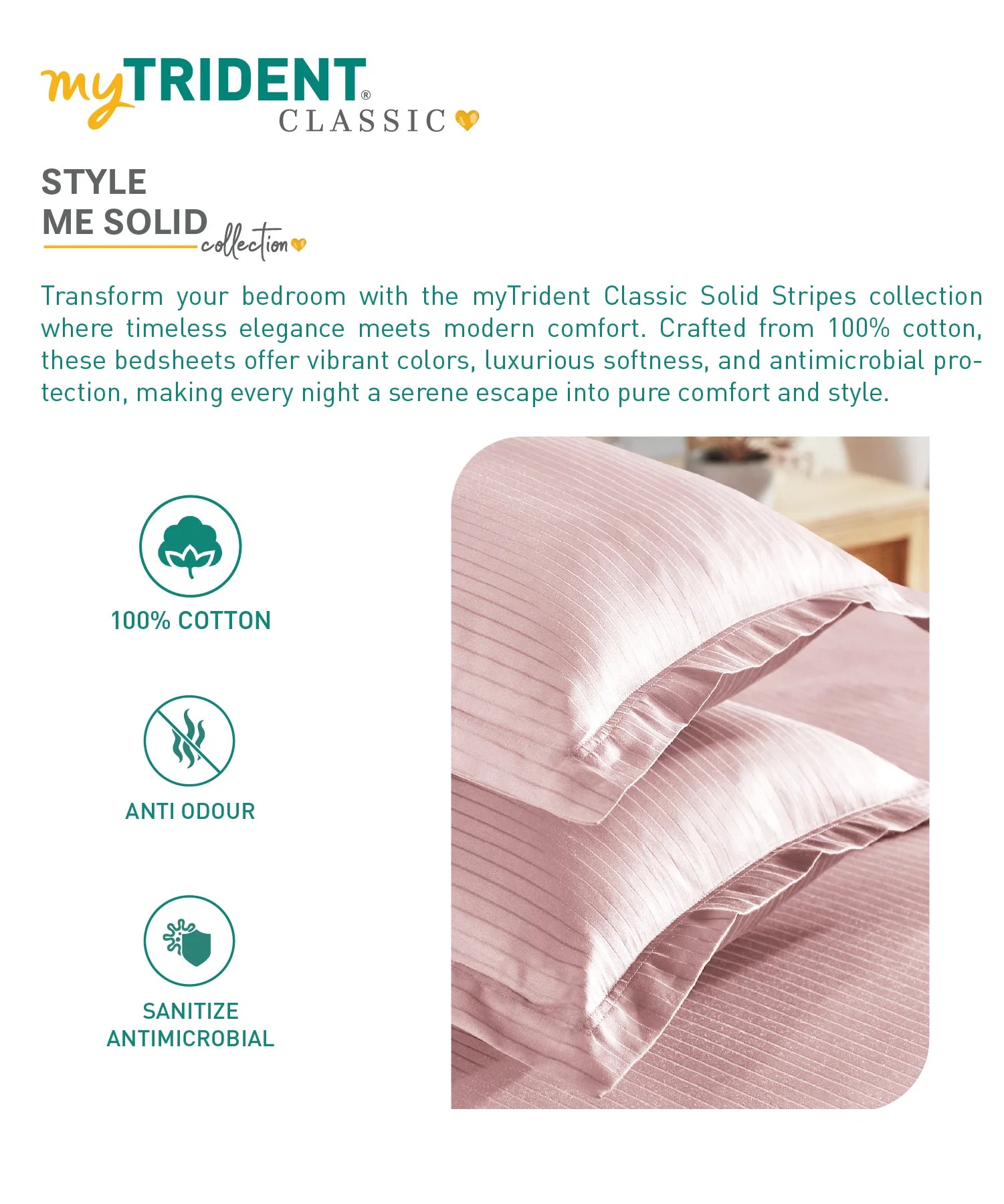Classic Stripe Solid King Bedsheet Set, Pale Mauve|210 TC Cotton| 2 Pillow Covers