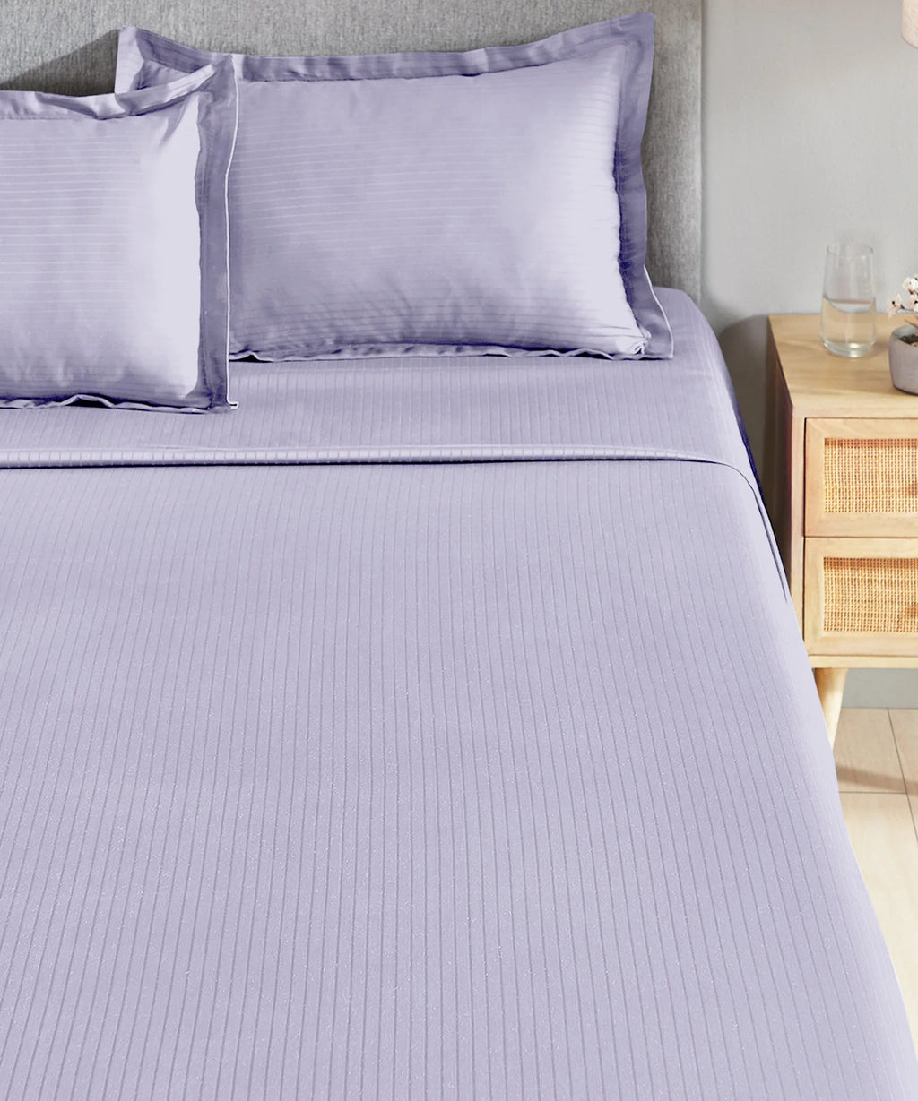 Classic Stripe Solid King Bedsheet Set, Amethyst|210 TC Cotton| 2 Pillow Covers