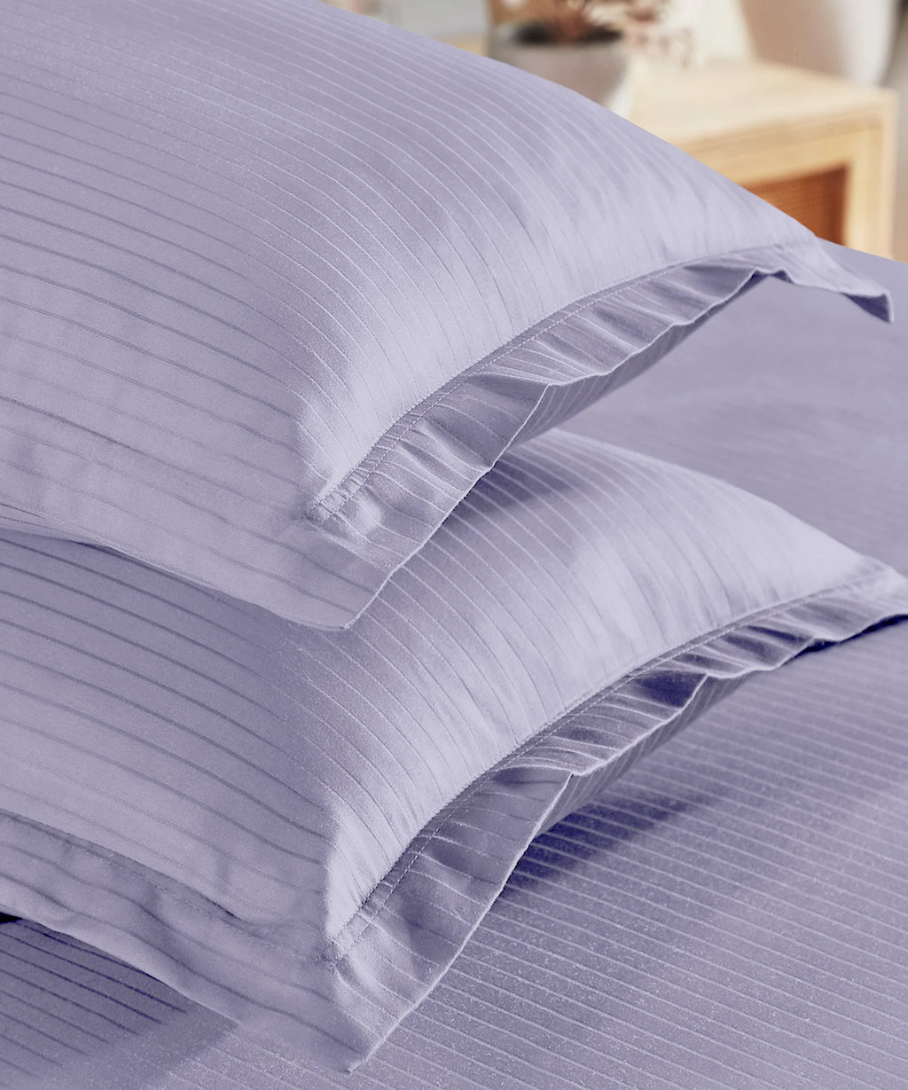 Classic Stripe Solid King Bedsheet Set, Amethyst|210 TC Cotton| 2 Pillow Covers
