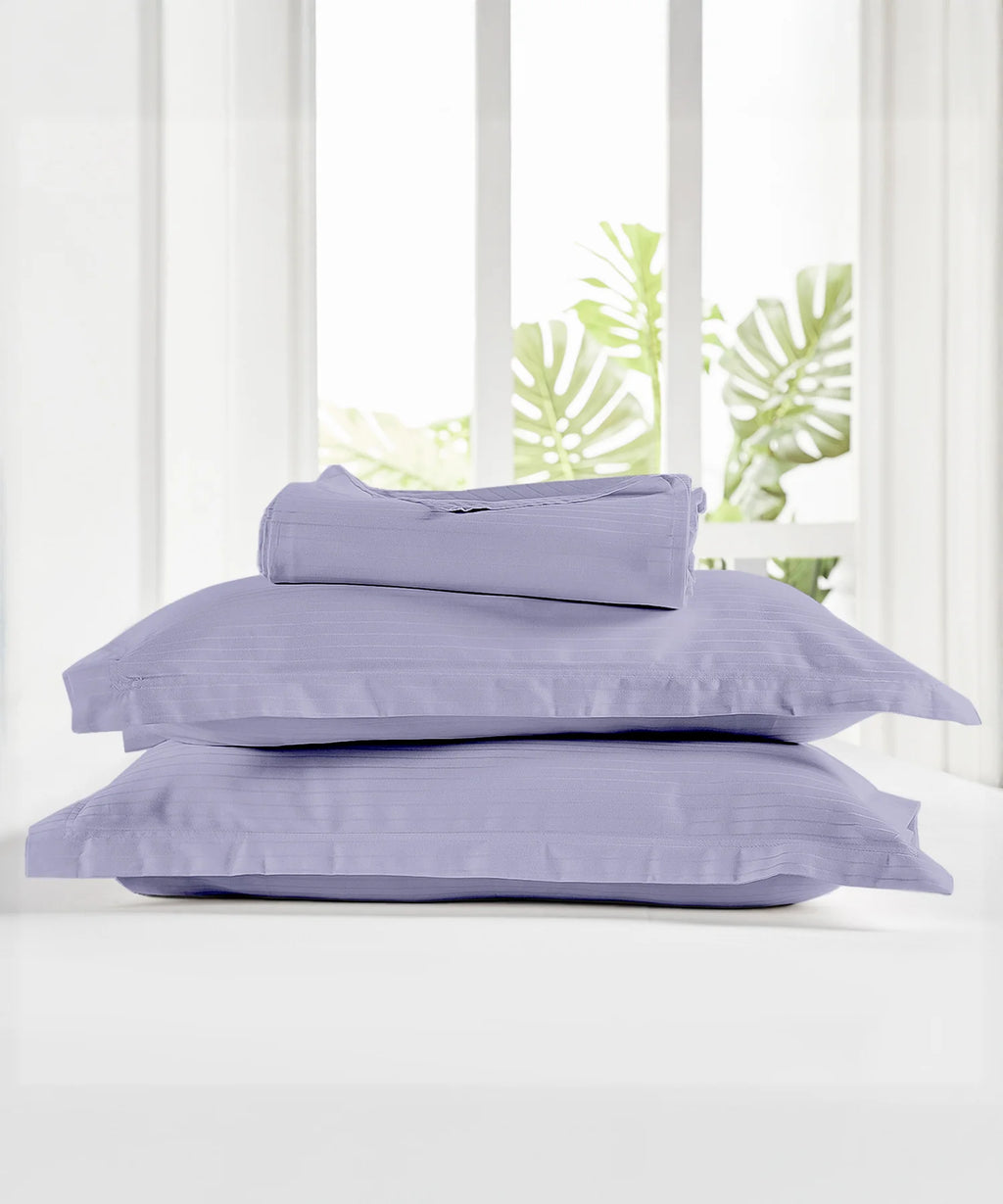 Classic Stripe Solid King Bedsheet Set, Amethyst|210 TC Cotton| 2 Pillow Covers