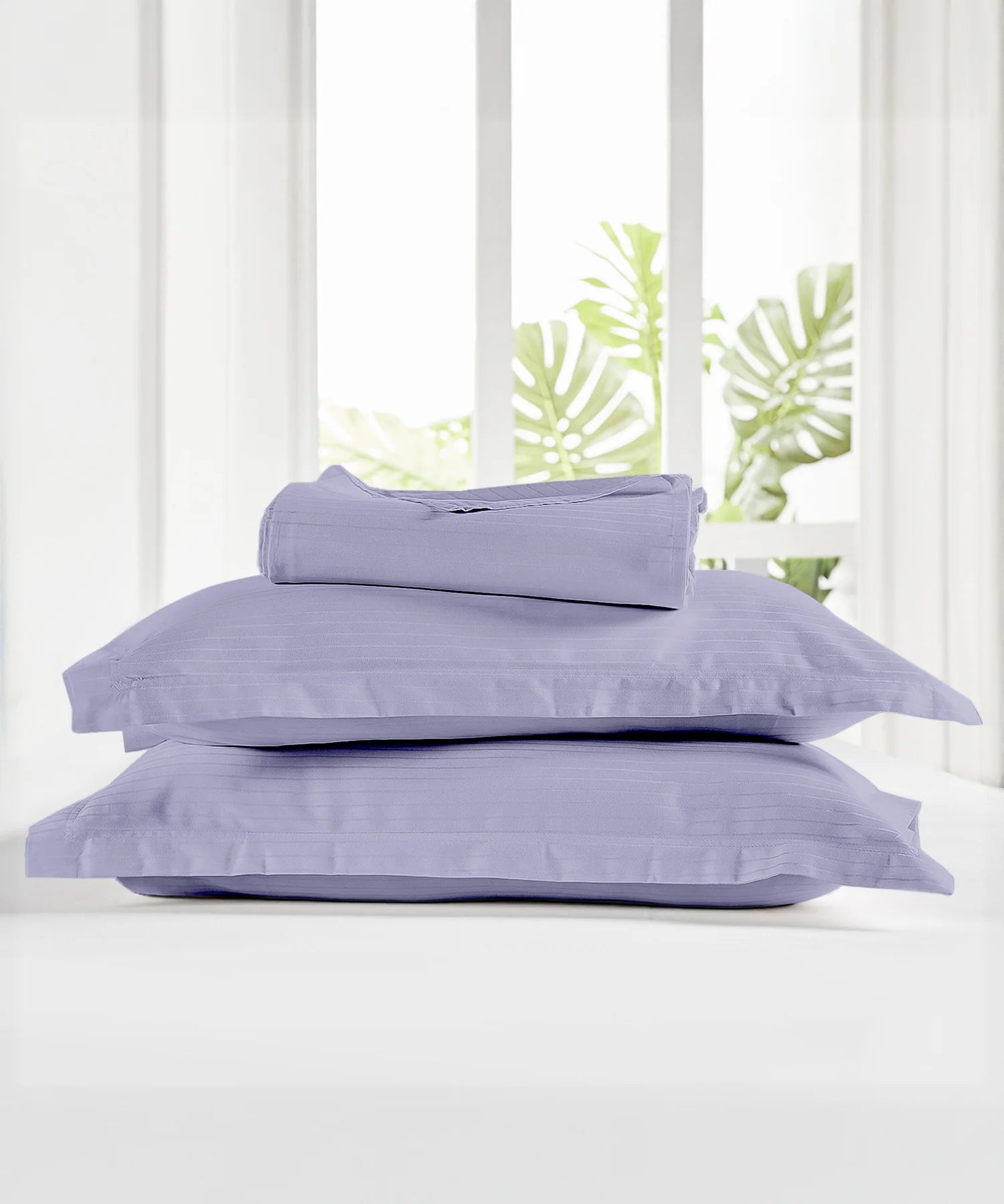 Classic Stripe Solid King Bedsheet Set, Amethyst|210 TC Cotton| 2 Pillow Covers