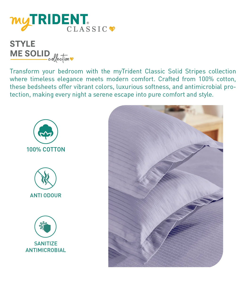 Classic Stripe Solid King Bedsheet Set, Amethyst|210 TC Cotton| 2 Pillow Covers