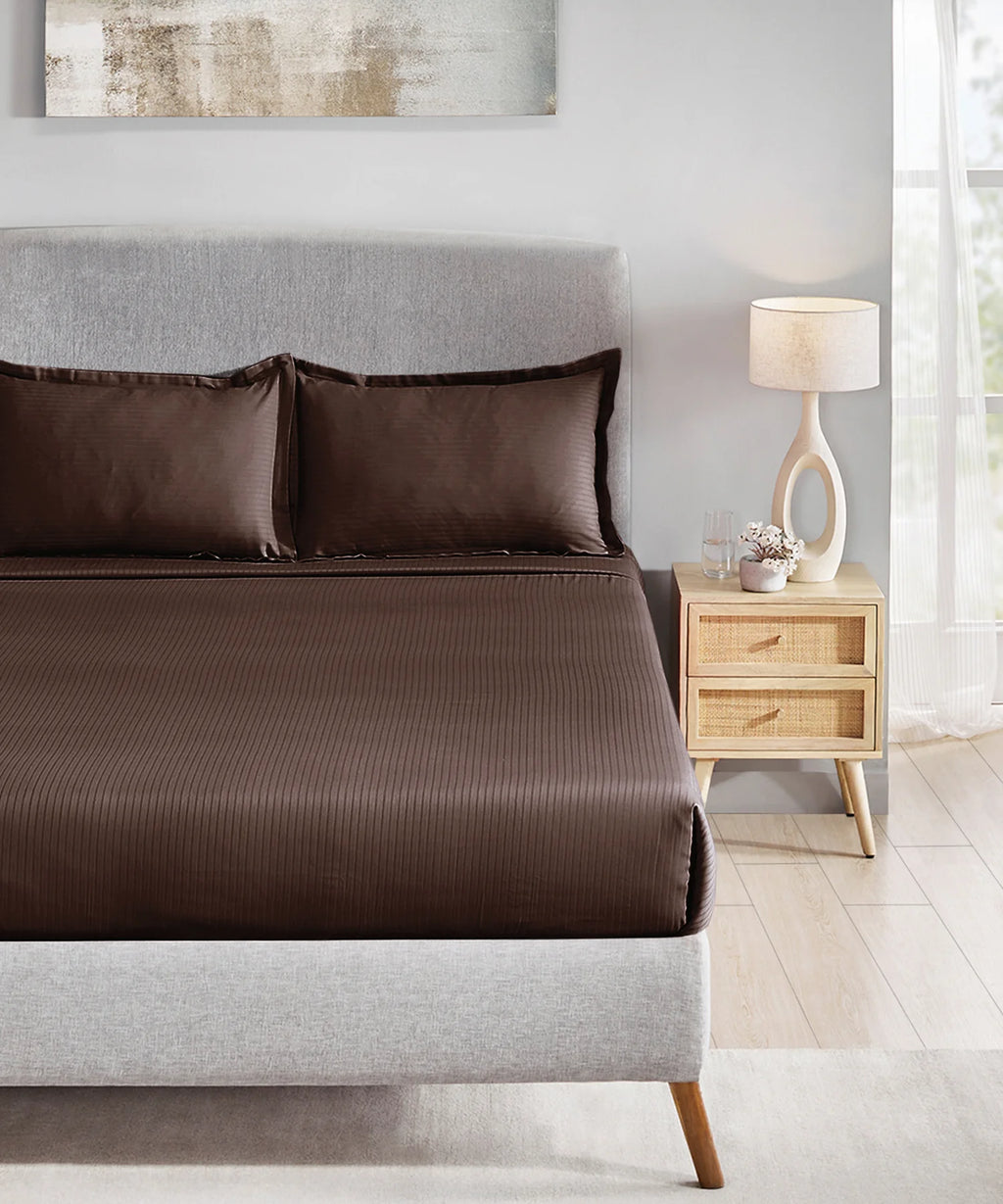 Classic Stripe Solid King Bedsheet Set, Brown Syrup|210 TC Cotton| 2 Pillow Covers