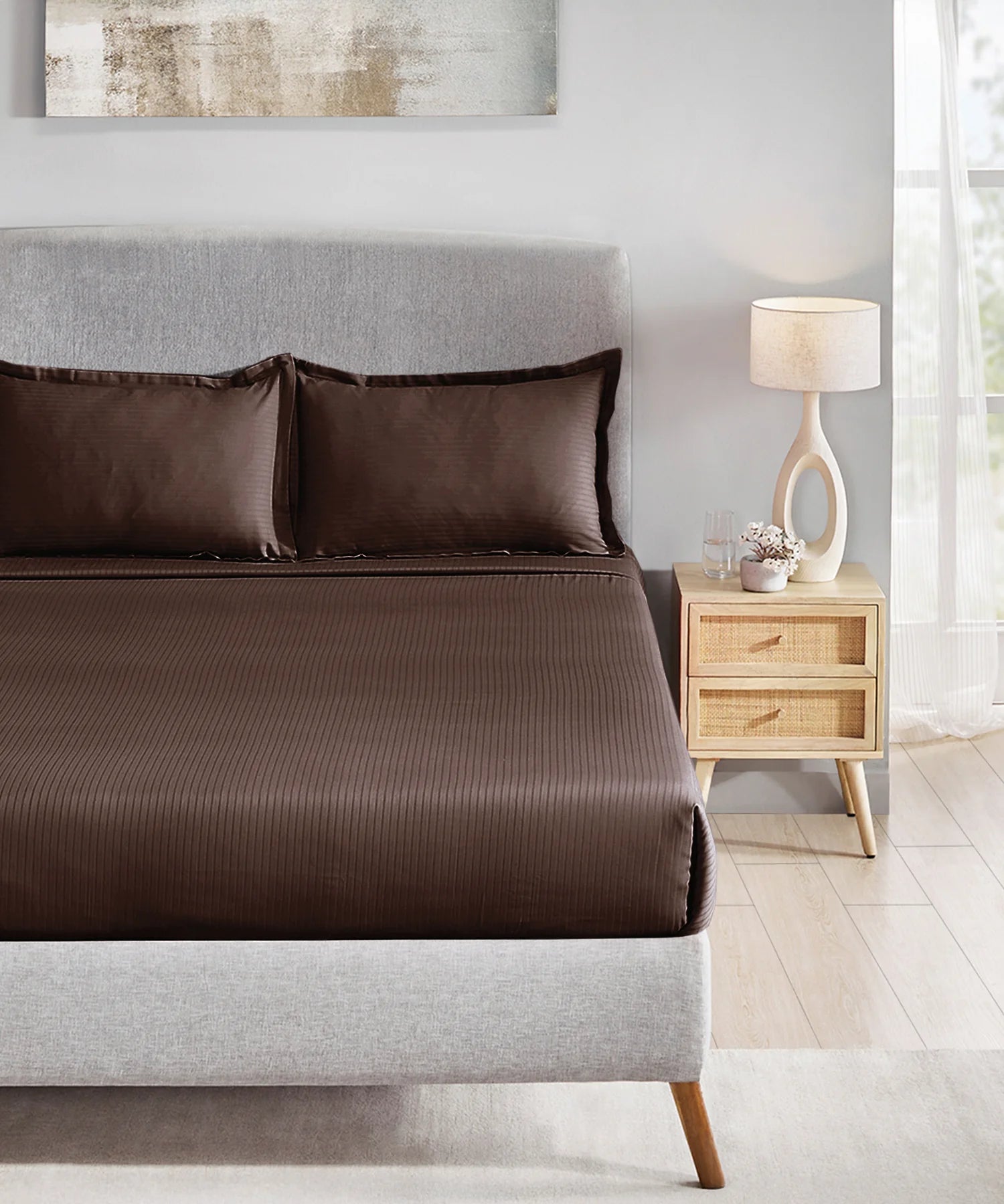 Classic Stripe Solid King Bedsheet Set, Brown Syrup|210 TC Cotton| 2 Pillow Covers