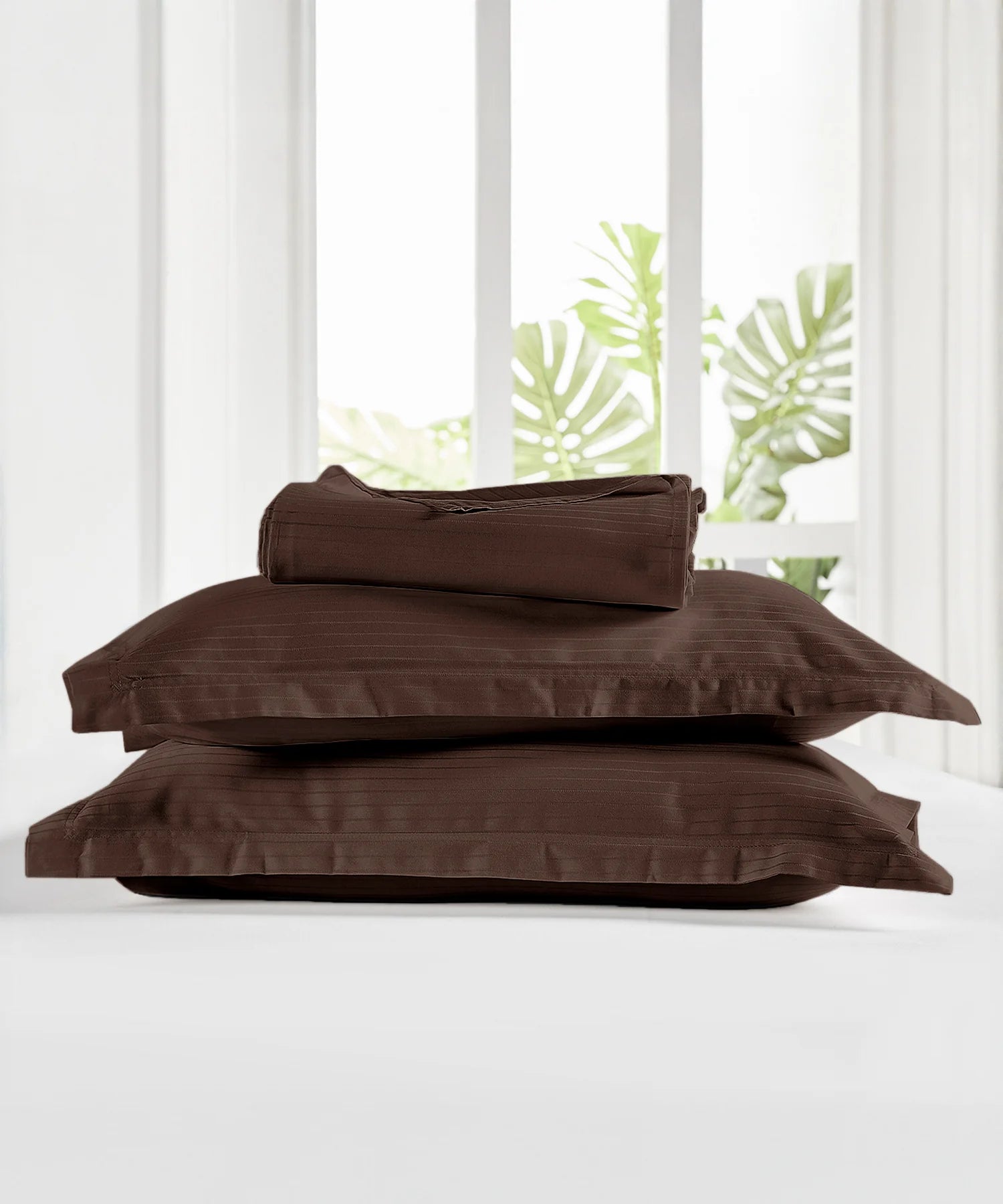 Classic Stripe Solid King Bedsheet Set, Brown Syrup|210 TC Cotton| 2 Pillow Covers