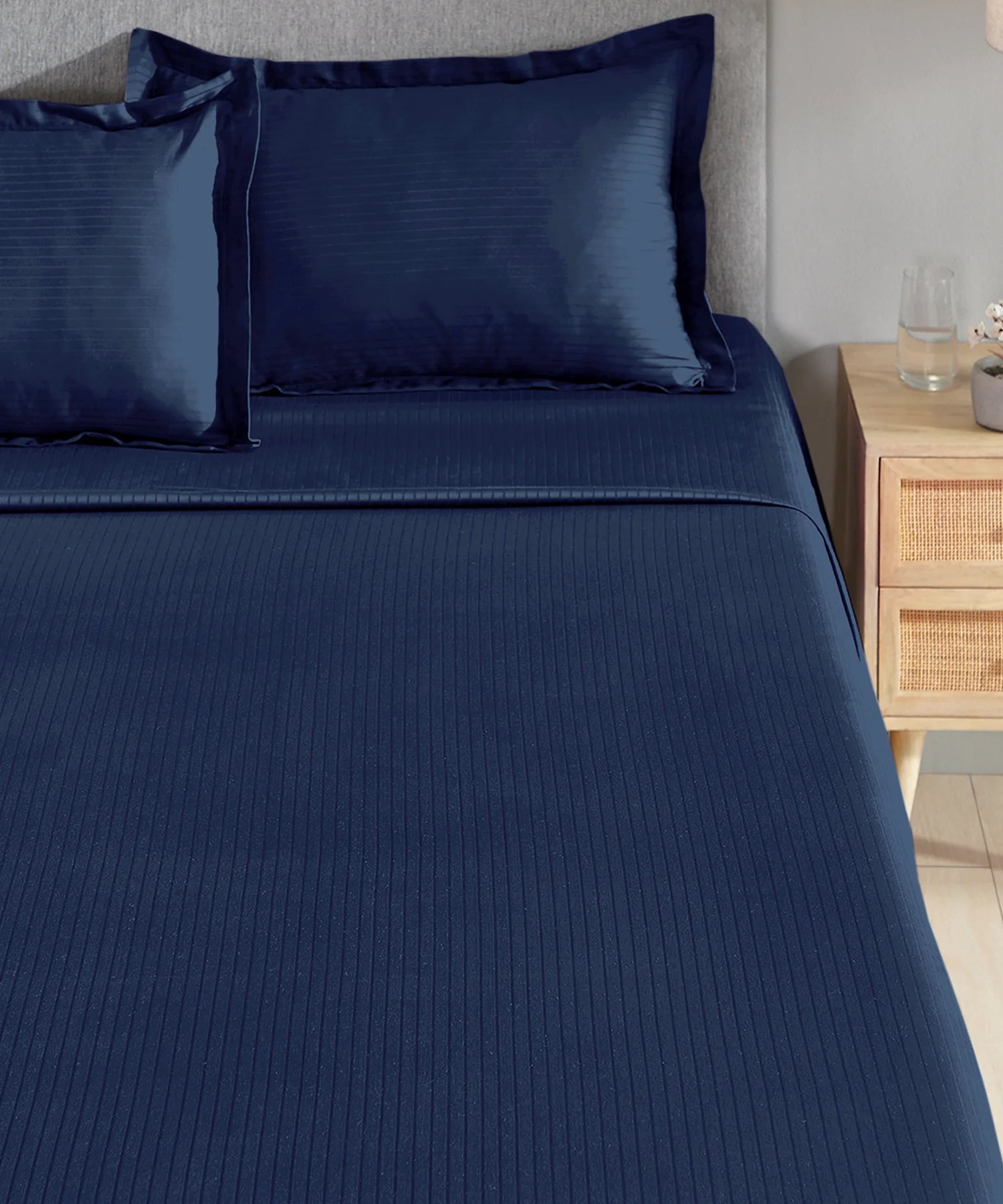 Classic Stripe Solid King Bedsheet Set, Iron Blue|210 TC Cotton| 2 Pillow Covers