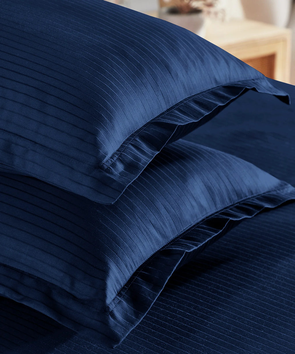 Classic Stripe Solid King Bedsheet Set, Iron Blue|210 TC Cotton| 2 Pillow Covers