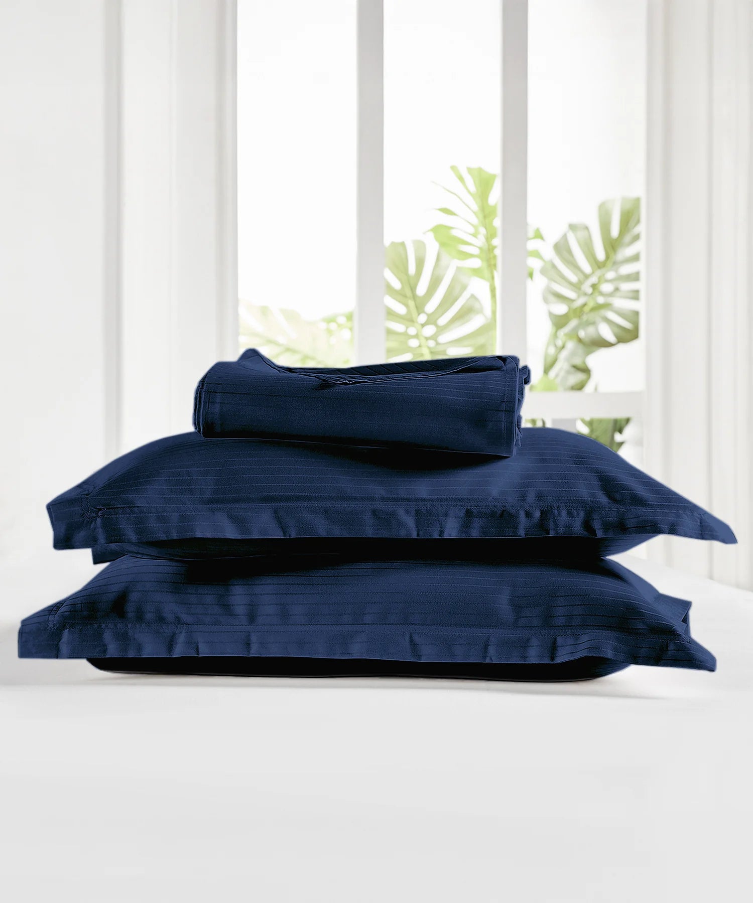 Classic Stripe Solid King Bedsheet Set, Iron Blue|210 TC Cotton| 2 Pillow Covers