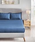 Classic Stripe Solid King Bedsheet Set, Air Force|210 TC Cotton| 2 Pillow Covers