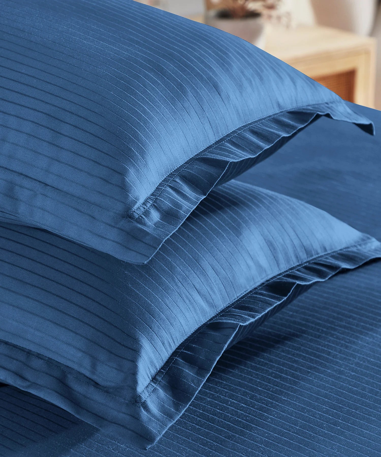Classic Stripe Solid King Bedsheet Set, Air Force|210 TC Cotton| 2 Pillow Covers