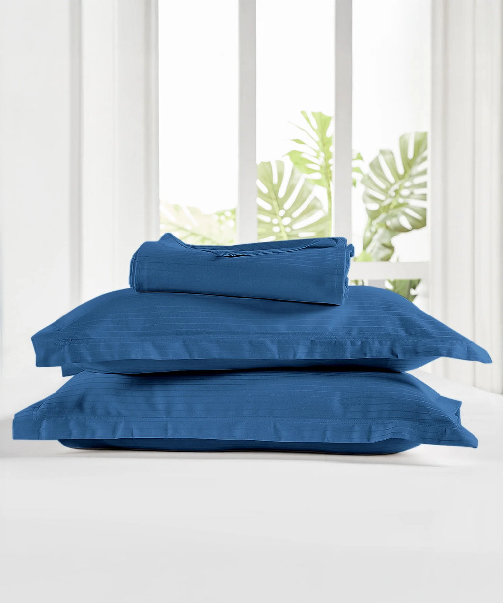 Classic Stripe Solid King Bedsheet Set, Air Force|210 TC Cotton| 2 Pillow Covers