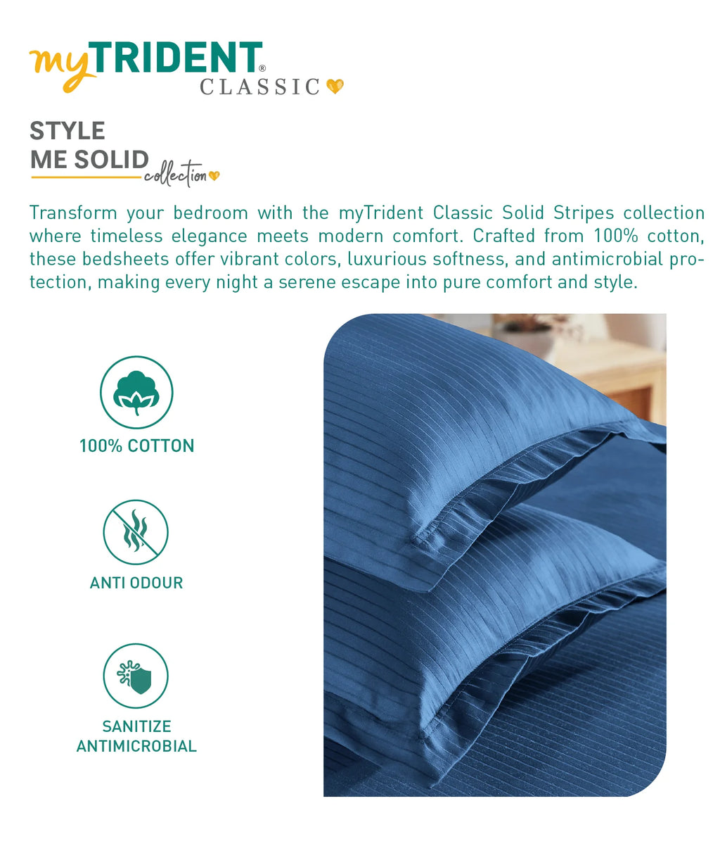 Classic Stripe Solid King Bedsheet Set, Air Force|210 TC Cotton| 2 Pillow Covers