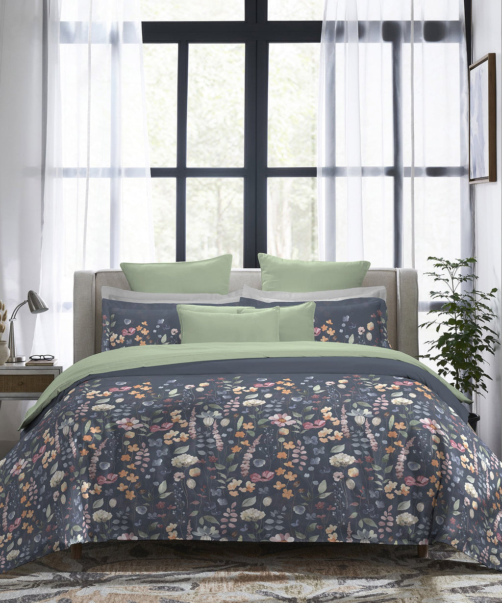 Indulgence Painterly Pattern King Bedsheet Set, Blue Bell|300TC Cotton| 4 Pillow Covers