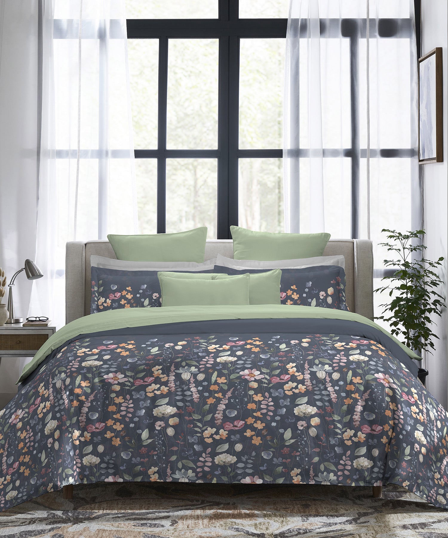 Indulgence Painterly Pattern King Bedsheet Set, Blue Bell|300TC Cotton| 4 Pillow Covers